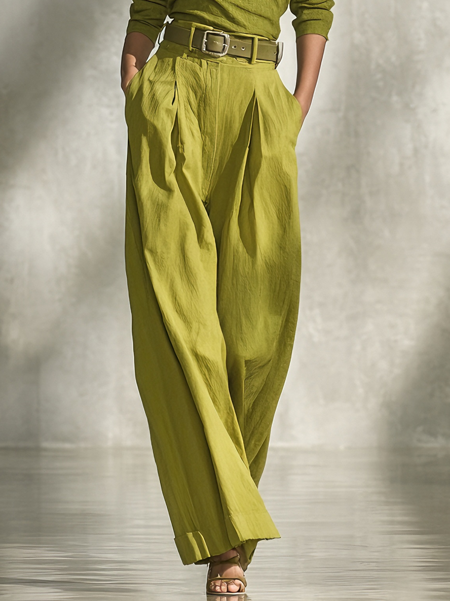 Women's Elegant Rayon Crinkled Slub Fabric Olive Off-Shoulder Belted Wide-Leg Pants Set（Without Belt）MDA2409L2AU