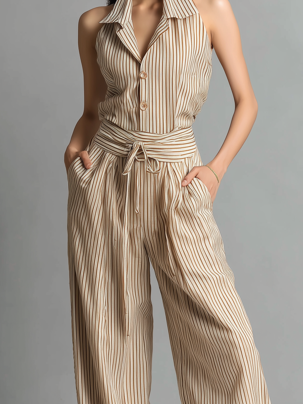 Women's Elegant Beige And Brown Striped Woven Shirt Collar Sleeveless Top Paired With Matching Trousers Set MDZ0209C2AN