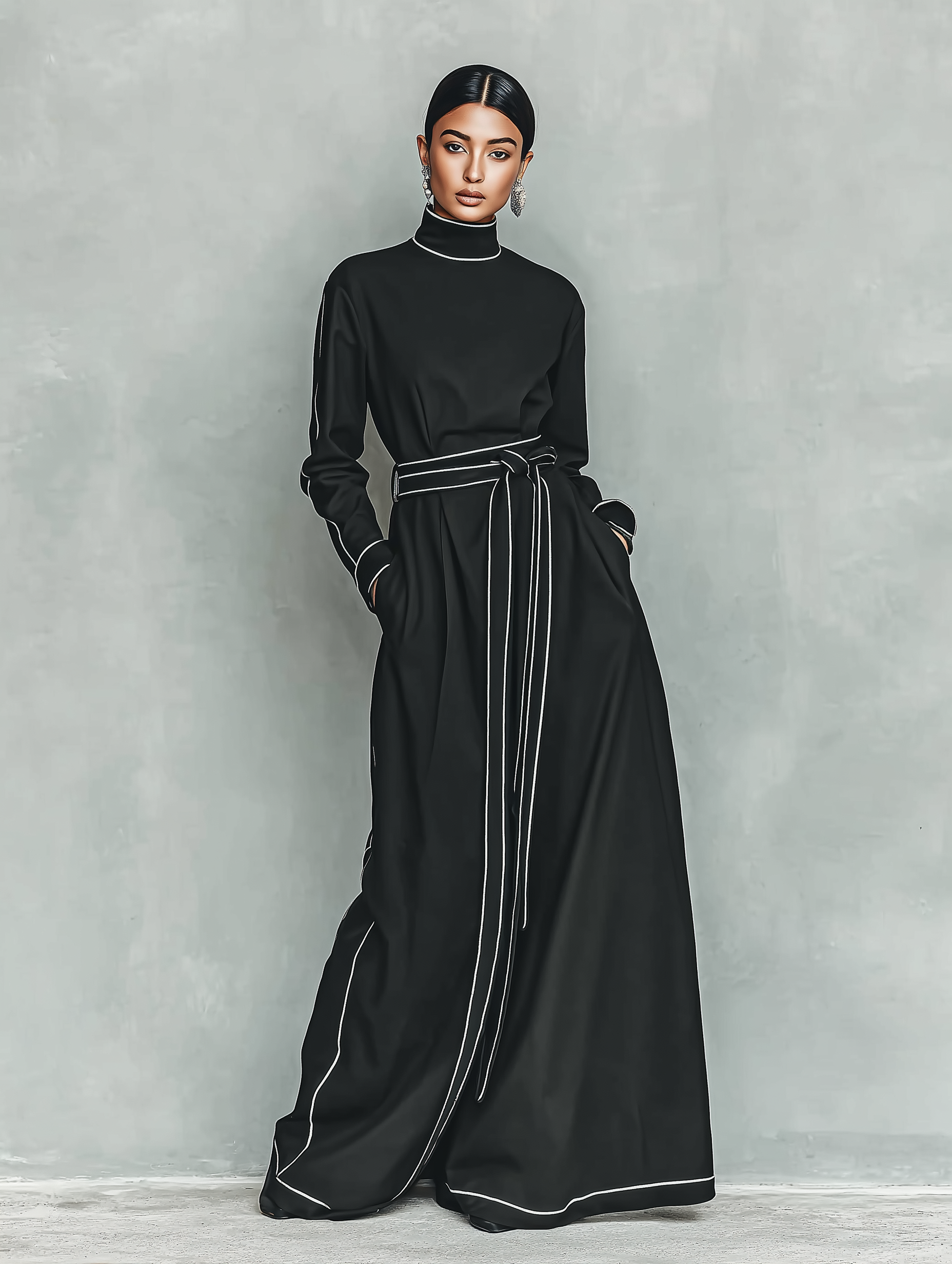Women's Elegant Women's Long-Sleeve Belted Maxi Dress With Stand Collar MDA1979G9T