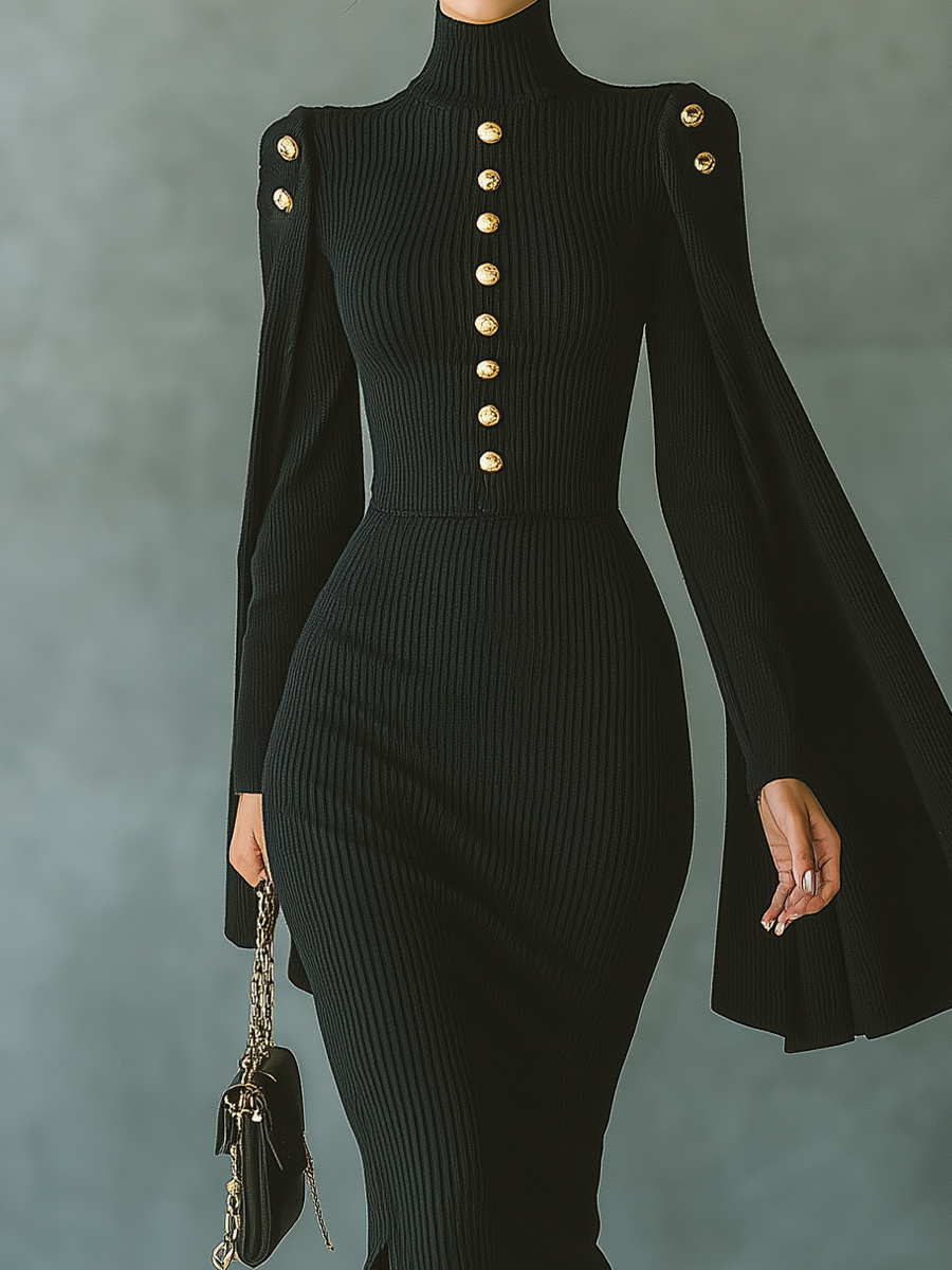 Women's Black Knit Cape Sleeve Fitted Maxi Dress MDA0802H3T