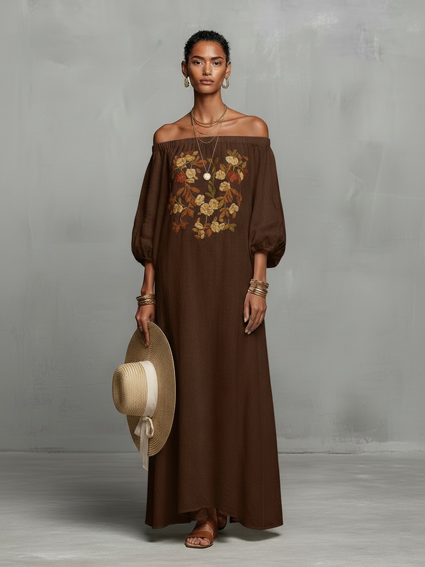 Women's Minimalist Off-the-shoulder Three-quarter Sleeve Embroidered Maxi Dress MDZ3063A3Y