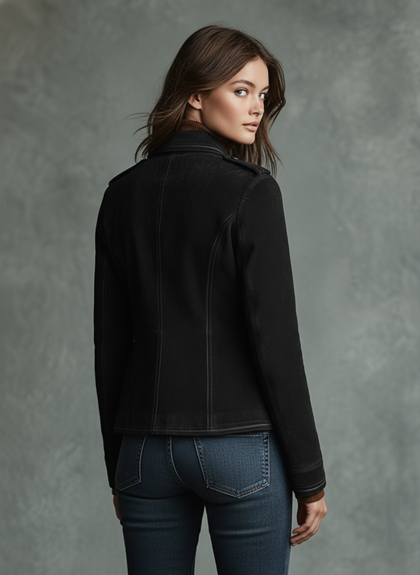 Women's Retro Double-Breasted Emblem Faux Suede Jacket MDA2864J4Y