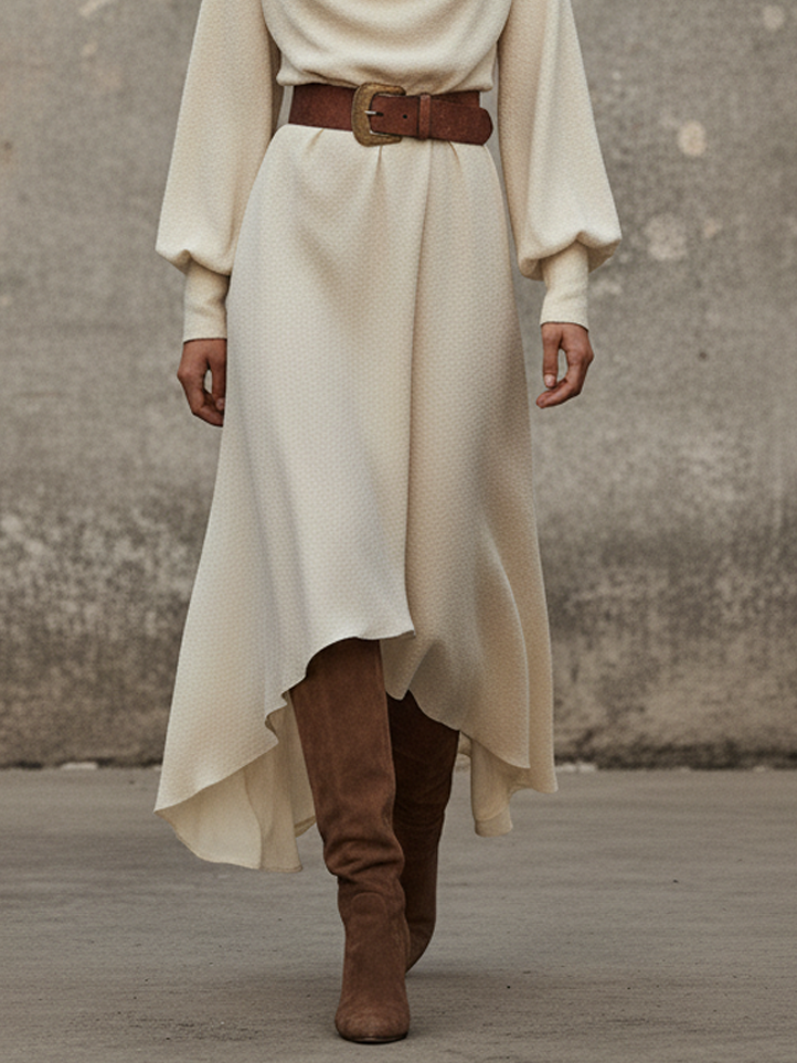 Women's Minimalist Blended Fabric Draped Neck Asymmetrical Hem Midi Dress (belt Not Included) MDA0871K8Y