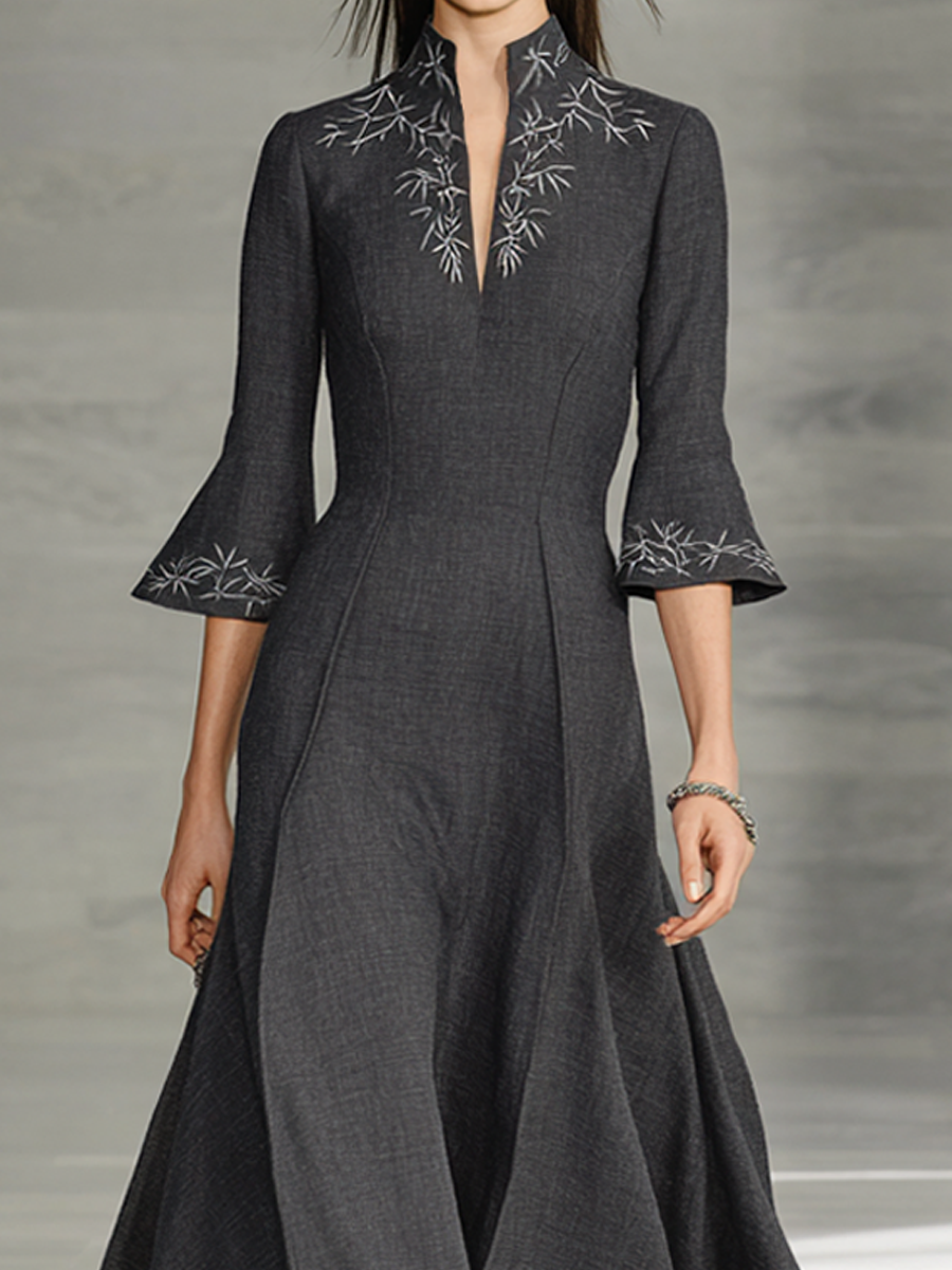 Women's Charcoal Grey Embroidered Stand Collar Dress MDA0498L0AP