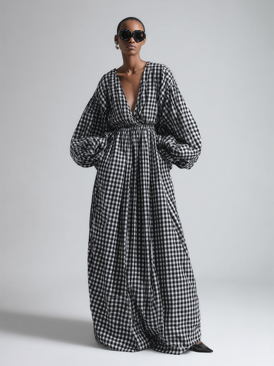 Women's Black & White Checked Linen Chic Deep V-Neck Voluminous Sleeve Maxi Dress MDA0117K6I