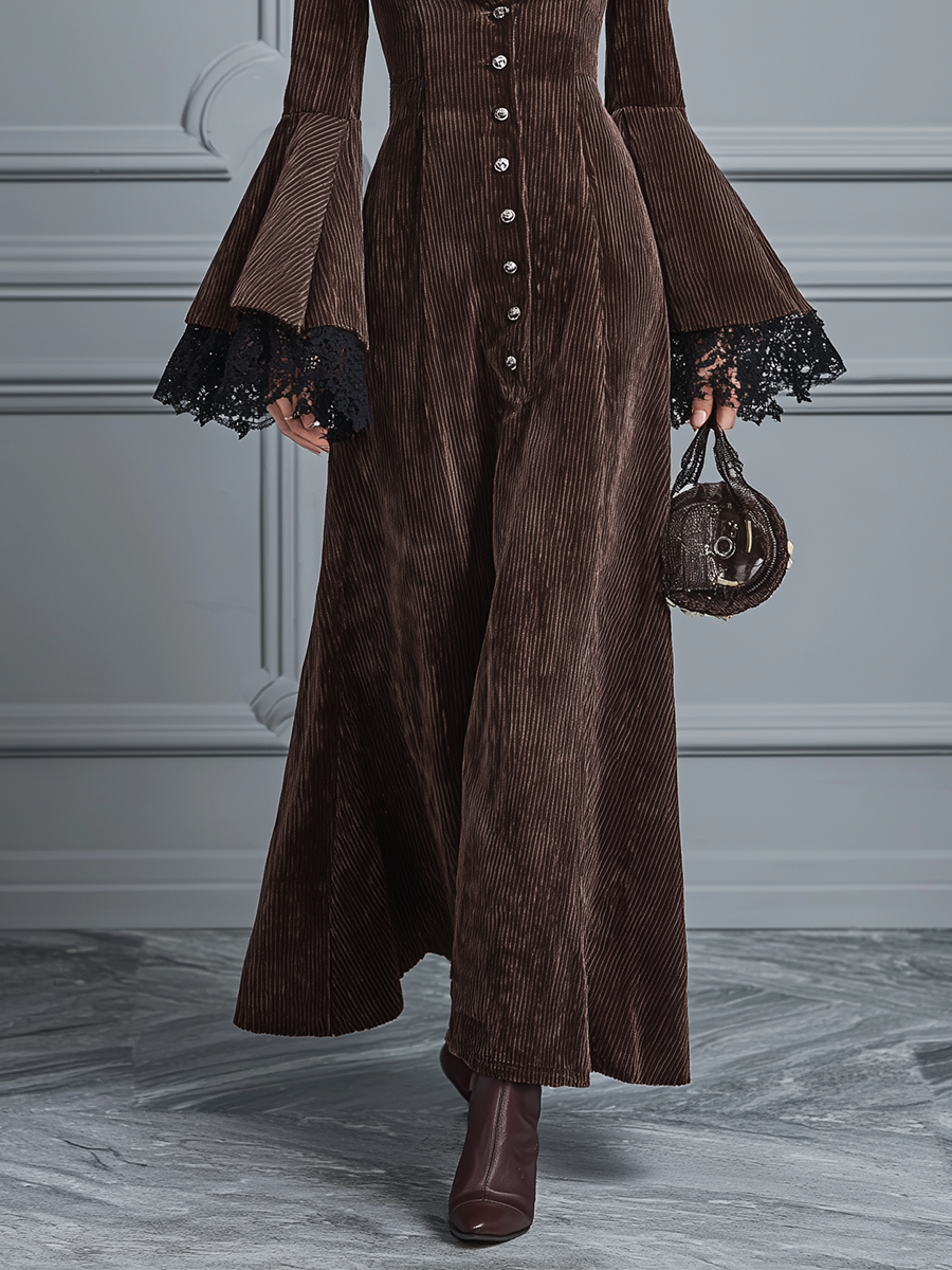 Women's Retro Style Coffee Corduroy Lace High-Waisted Long-Sleeve Maxi Dress MDA0659K6T
