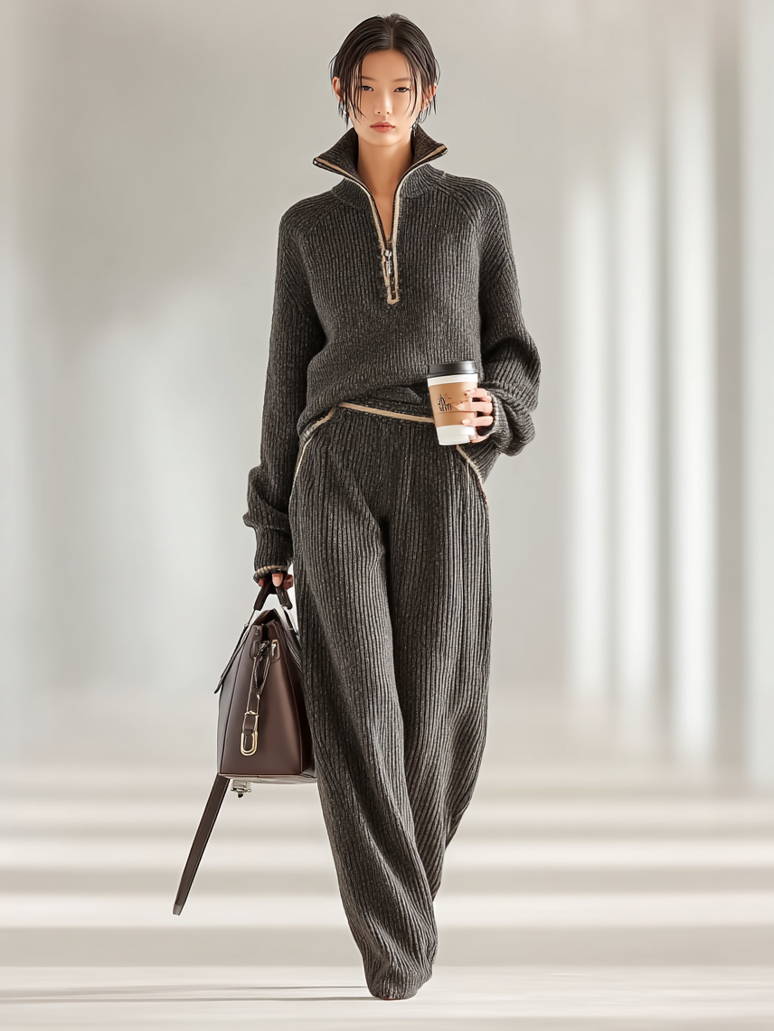 Women's Minimalist Loose Knit Zipper Half Turtleneck Sweater Wide-Leg Pants Set MDA2528I8Y