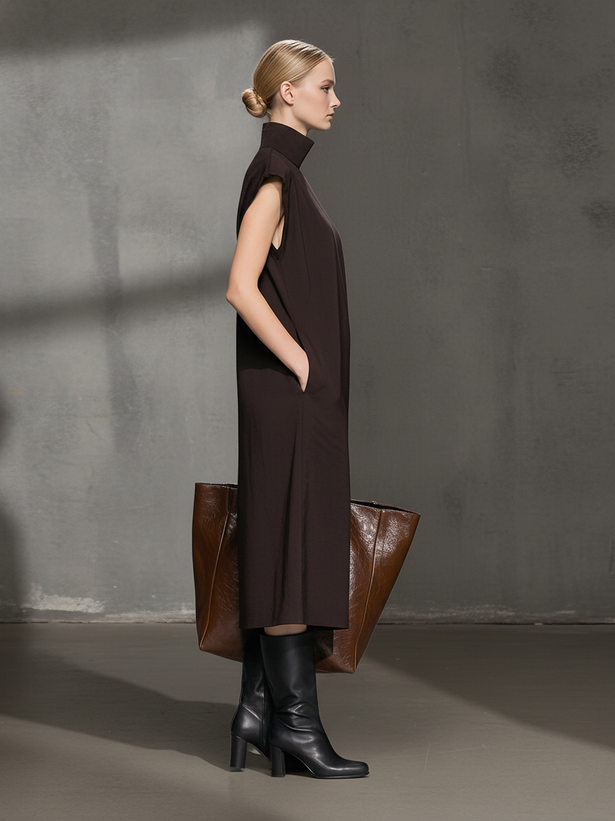 Women's Minimalist Cotton-Blend Dark Brown Turtleneck Sleeveless Pocketed Midi Dress MDA2454L0AU