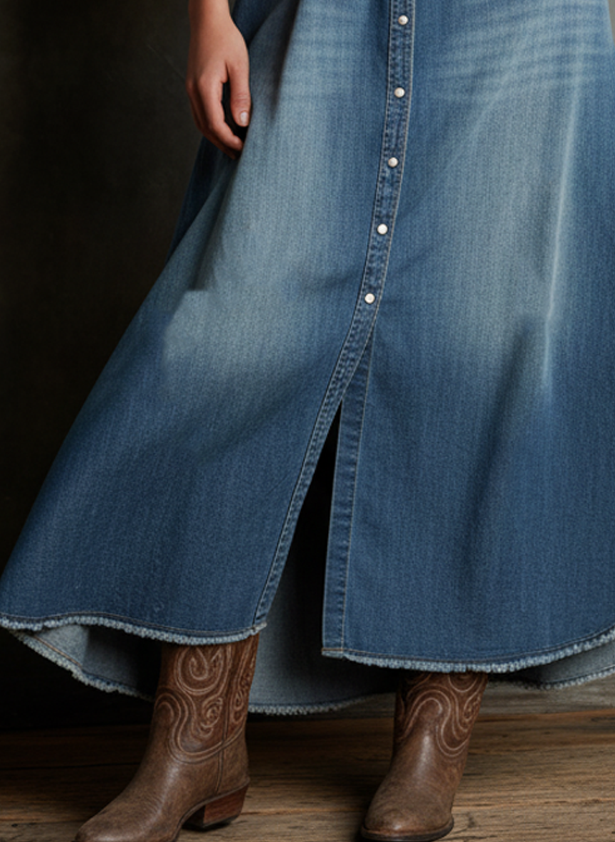 Women's Loose-fitting Denim Washed Distressed Belt Maxi Dress MDA0578K4Y