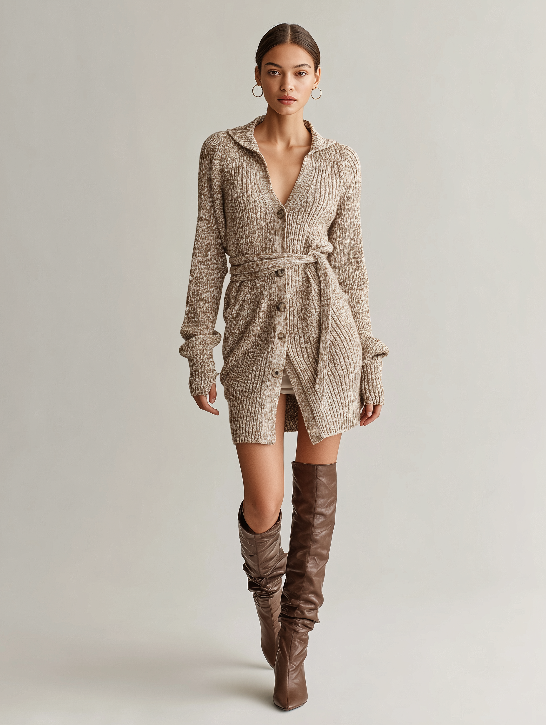 Women's Elegant Khaki Long-sleeved Knitted Cardigan Dress MDA0817L0AN