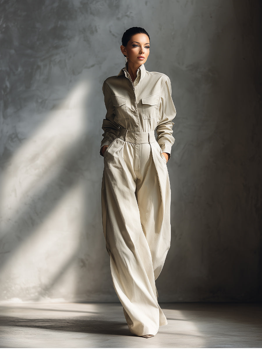 Women's Beige Elegant Cotton Blend Button - Front Wide - Leg Jumpsuit MDA2000H6I
