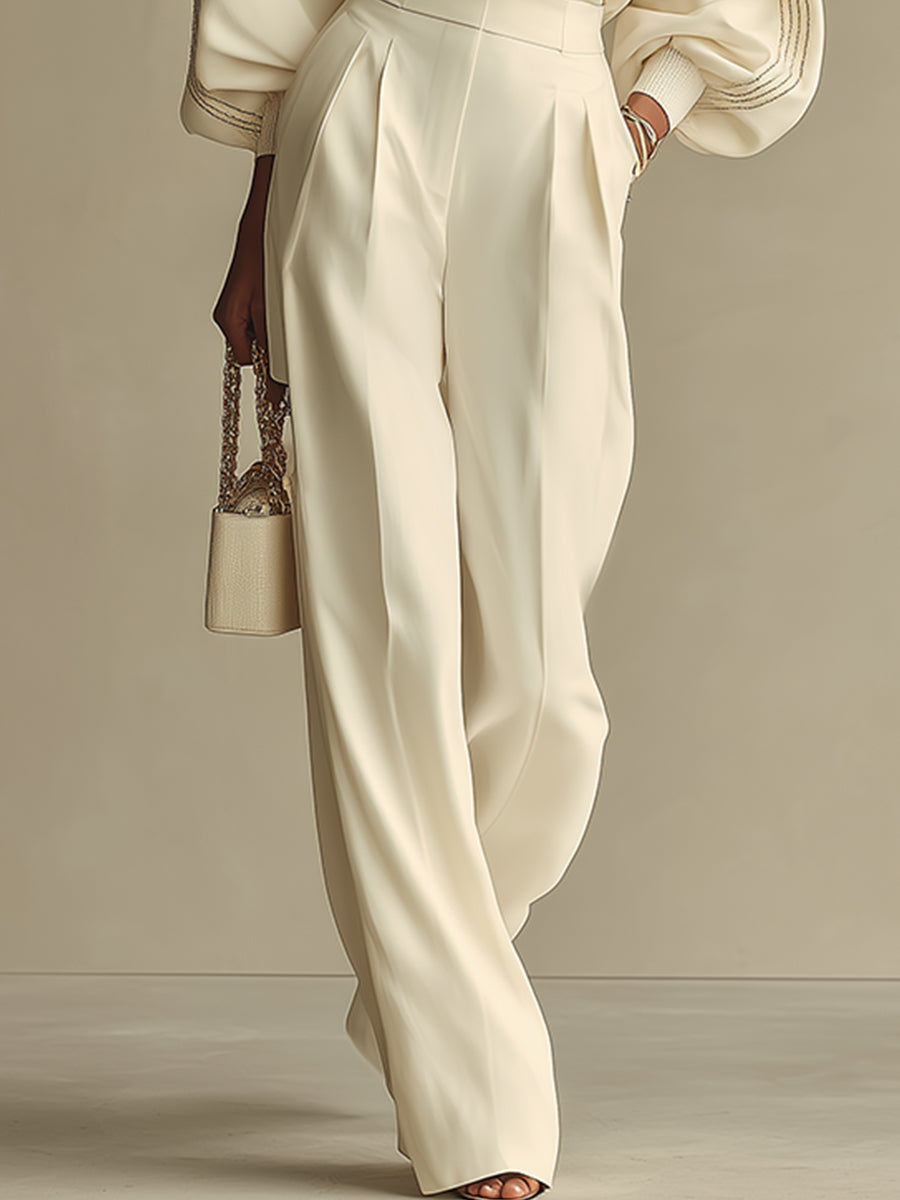Women's Ivory Textured Set With Ribbed Crew Neck & High-Waisted Bottoms, Modern Sophisticated Style Set MDA2231L6I