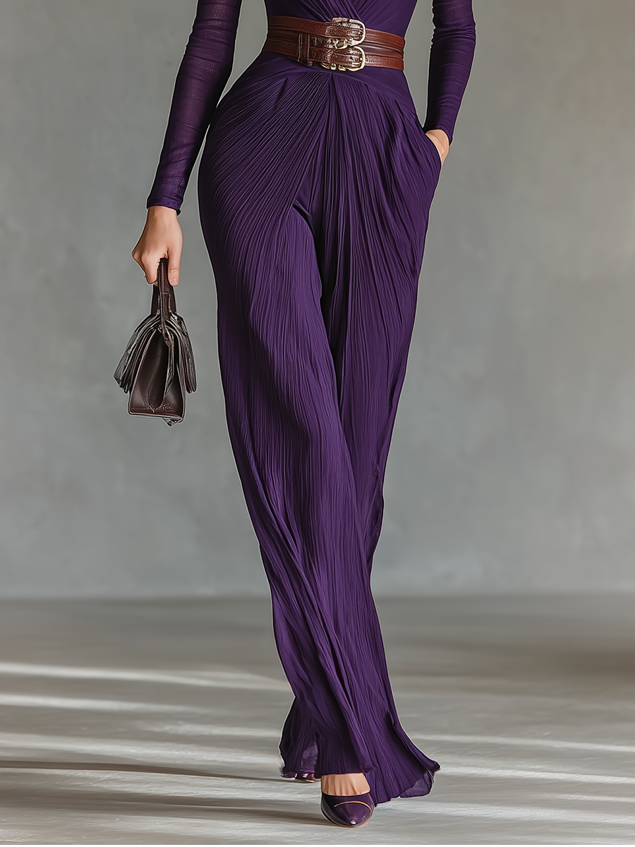 Women's Dark Purple Chiffon Cinched Waist Jumpsuit (Without Belt) MDA2918G0T