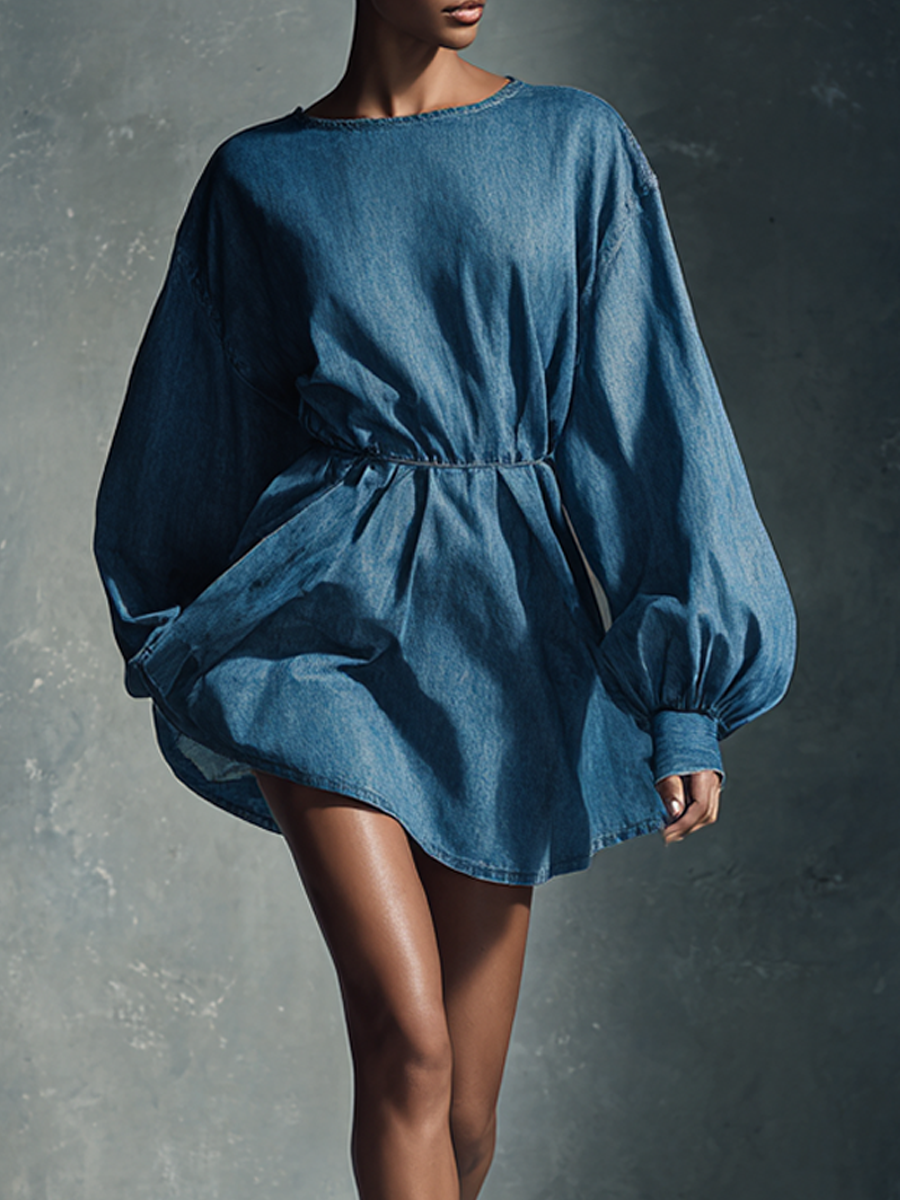 Women's Blue Denim Oversized Puff Sleeve Mini Dress MDA0954L3AP