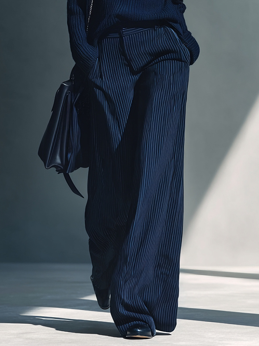 Women's Sophisticated Knit & Woven Navy Turtleneck Ribbed Top & Pleated Wide-Leg Pants Set MDA1973L8AU