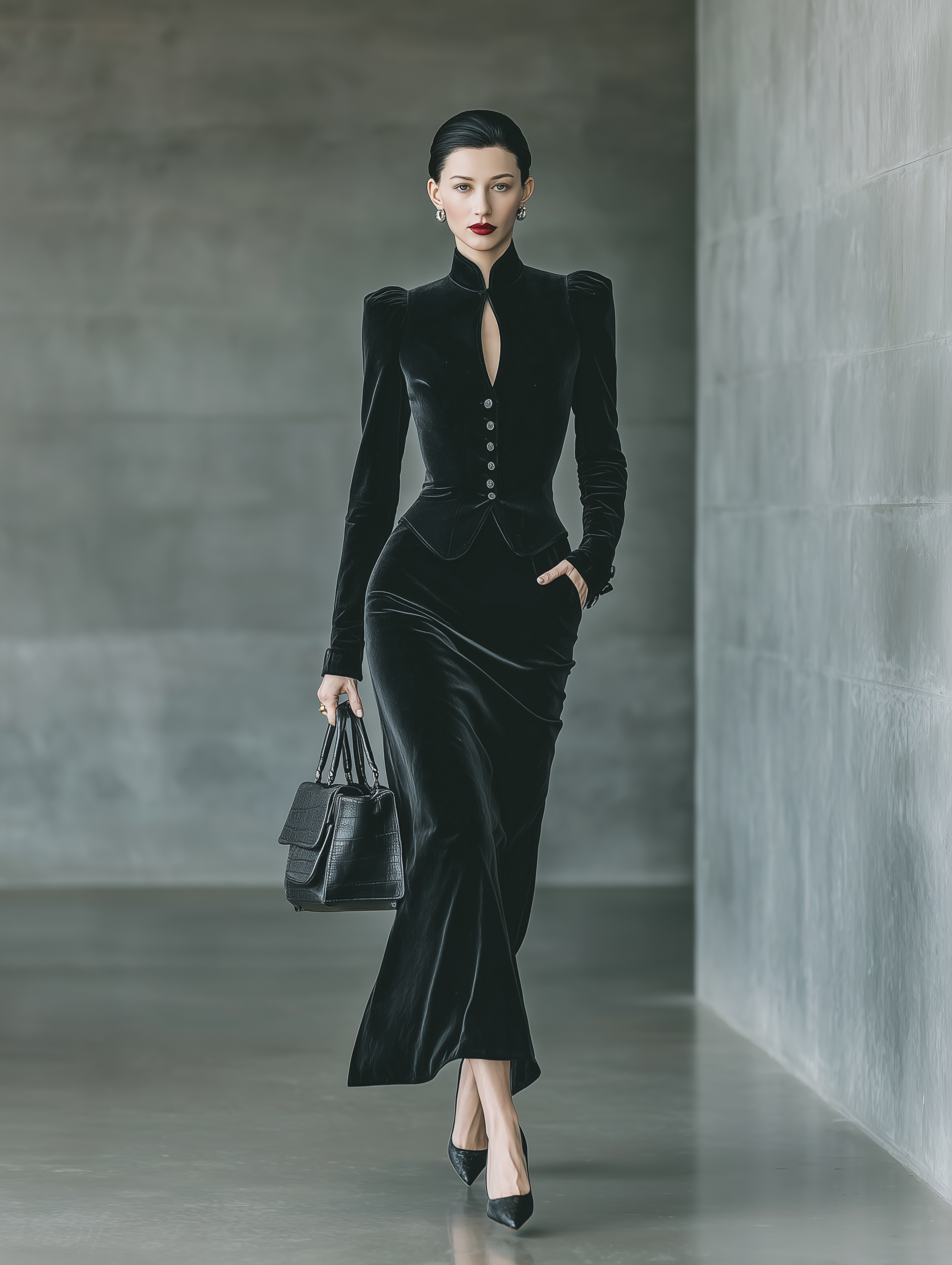 Women's Black Velvet Top And Skirt Set MDA1513H9T
