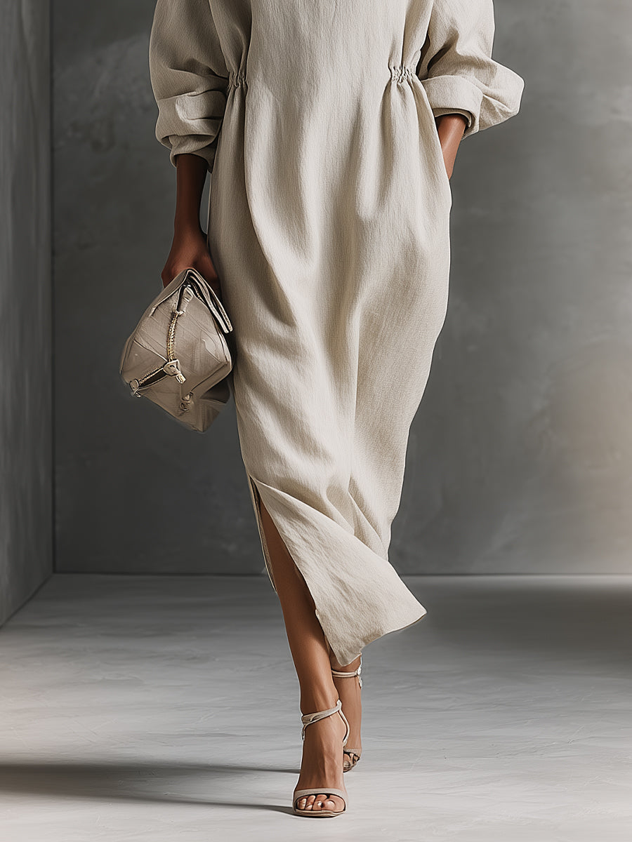 Women's Beige Relaxed Linen Drawstring - Detail Maxi Dress MDA1121H0I