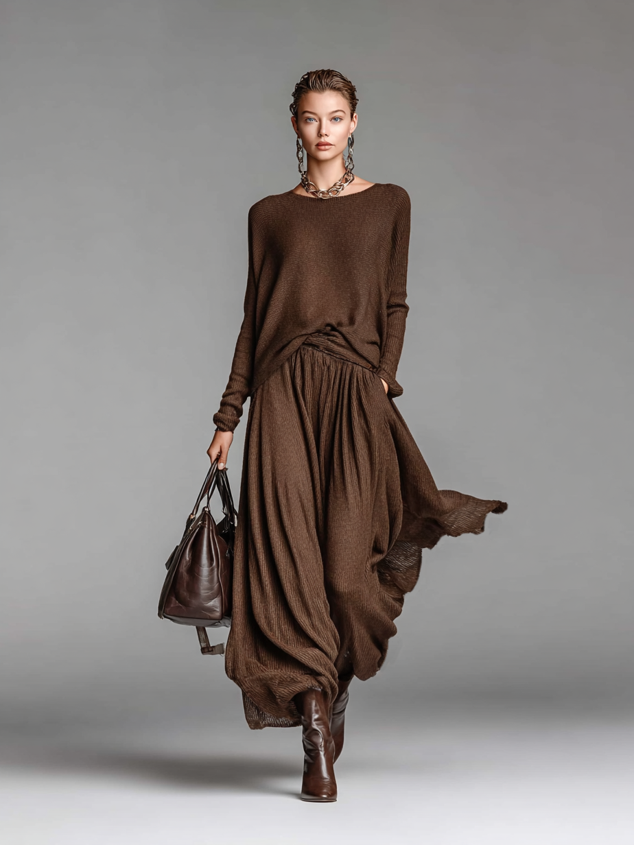 Women's Fashion Round Neck Knitted Sweater Skirt Set MDA0737H3Y