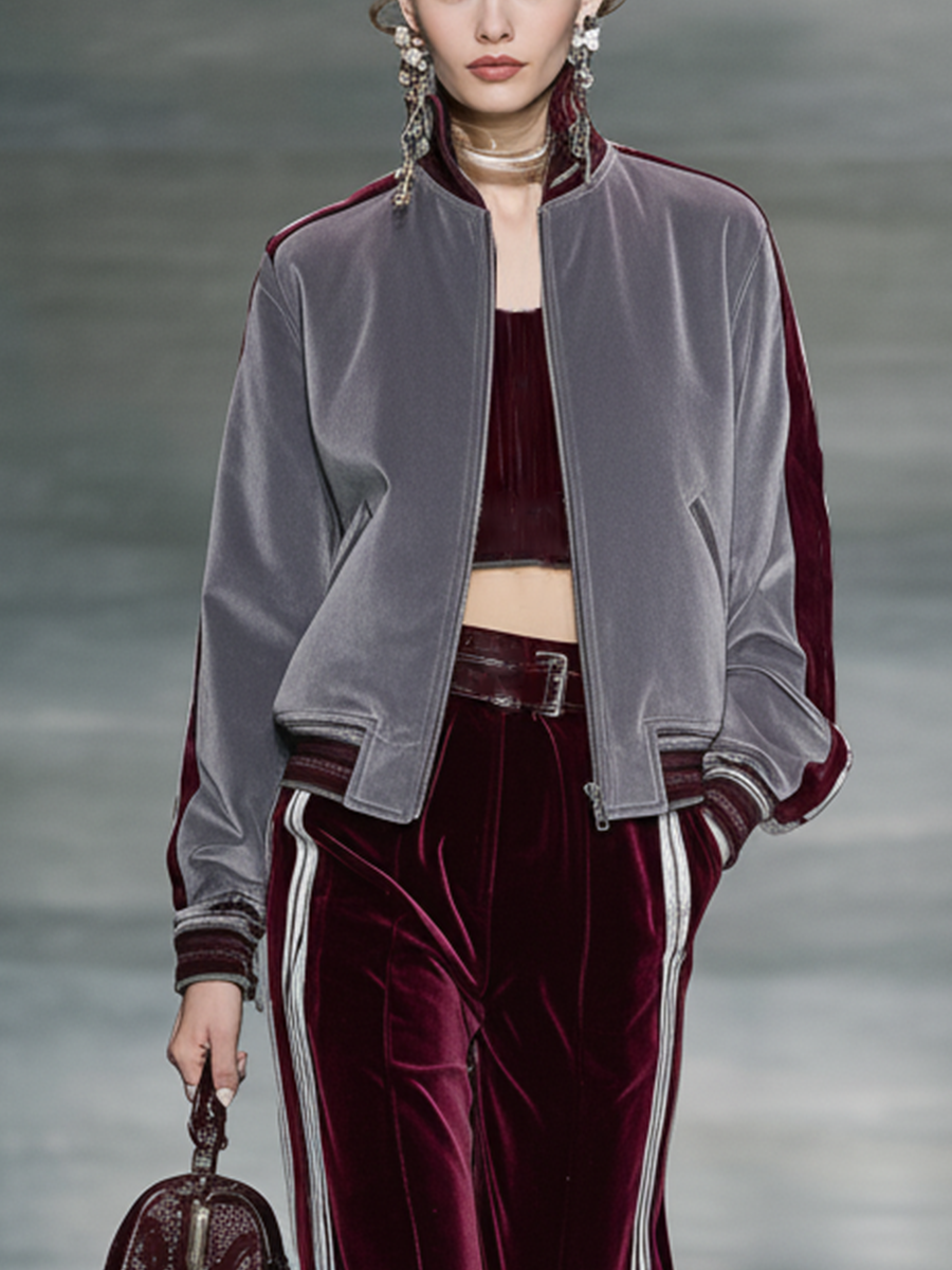 Women's Grey And Burgundy Velvet Coat And Straight-leg Trouser Set MDA0376K6T