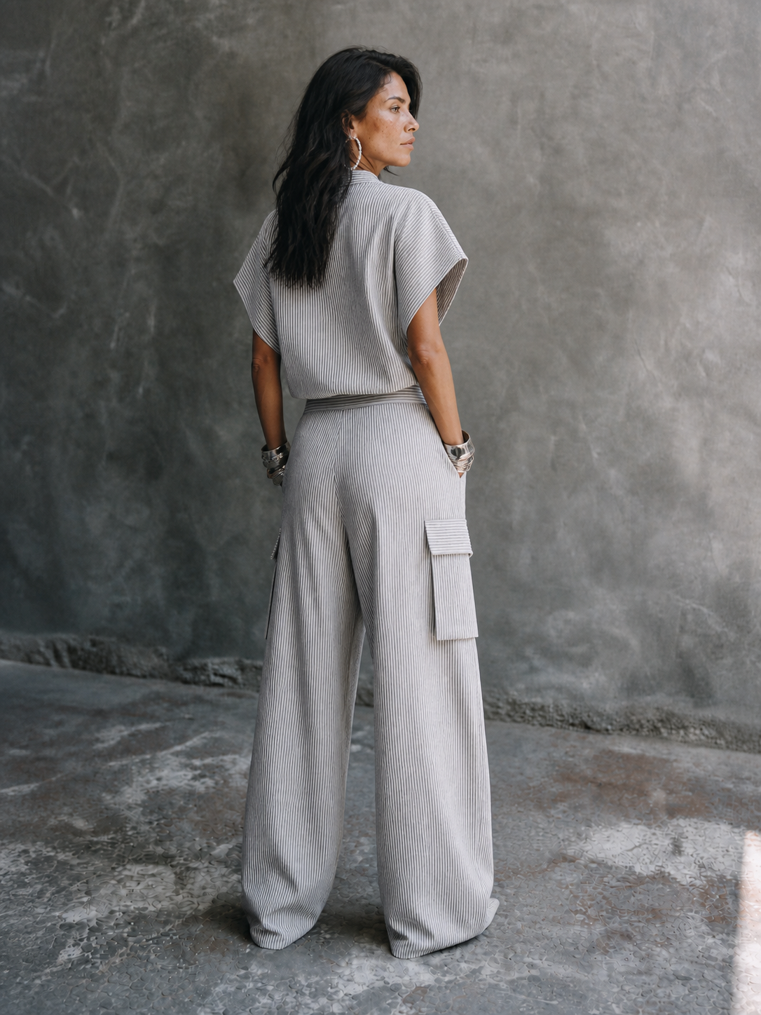 Women's Casual Vacation Gray White Cotton Blend Striped Wrap Top Cargo Pocket Wide-Leg Pants Set MDZ1618G6GMJ
