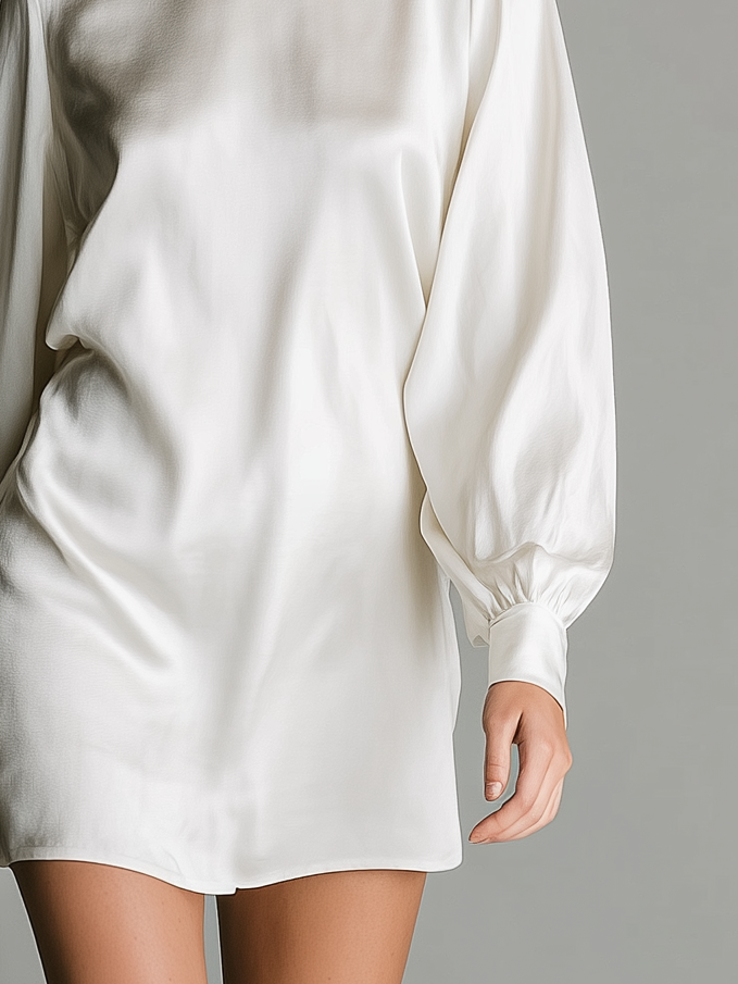 Women's Fashionable Casual White Glossy Satin Long-sleeved Loose Short Dress MDA2494K4AN