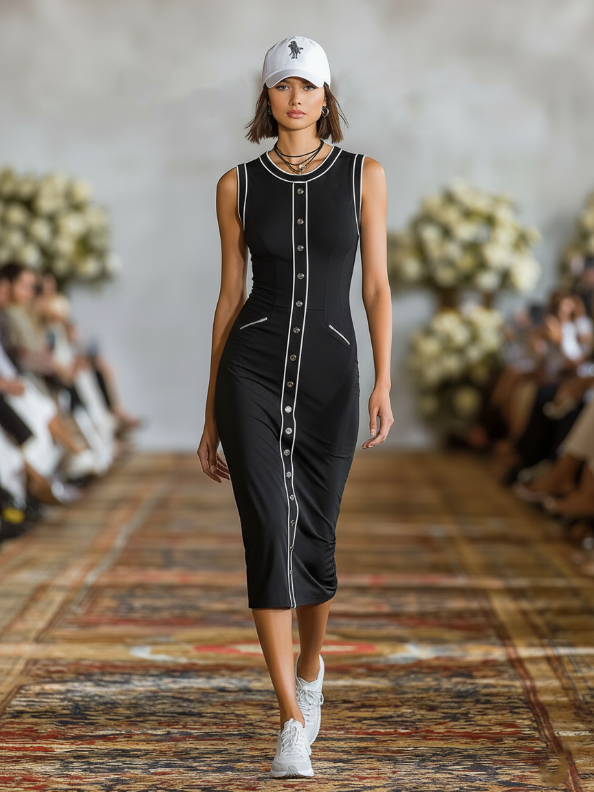 Women's Minimalist Stretchy Fitted Single-breasted Sleeveless Midi Dress MDZ1244A0Y