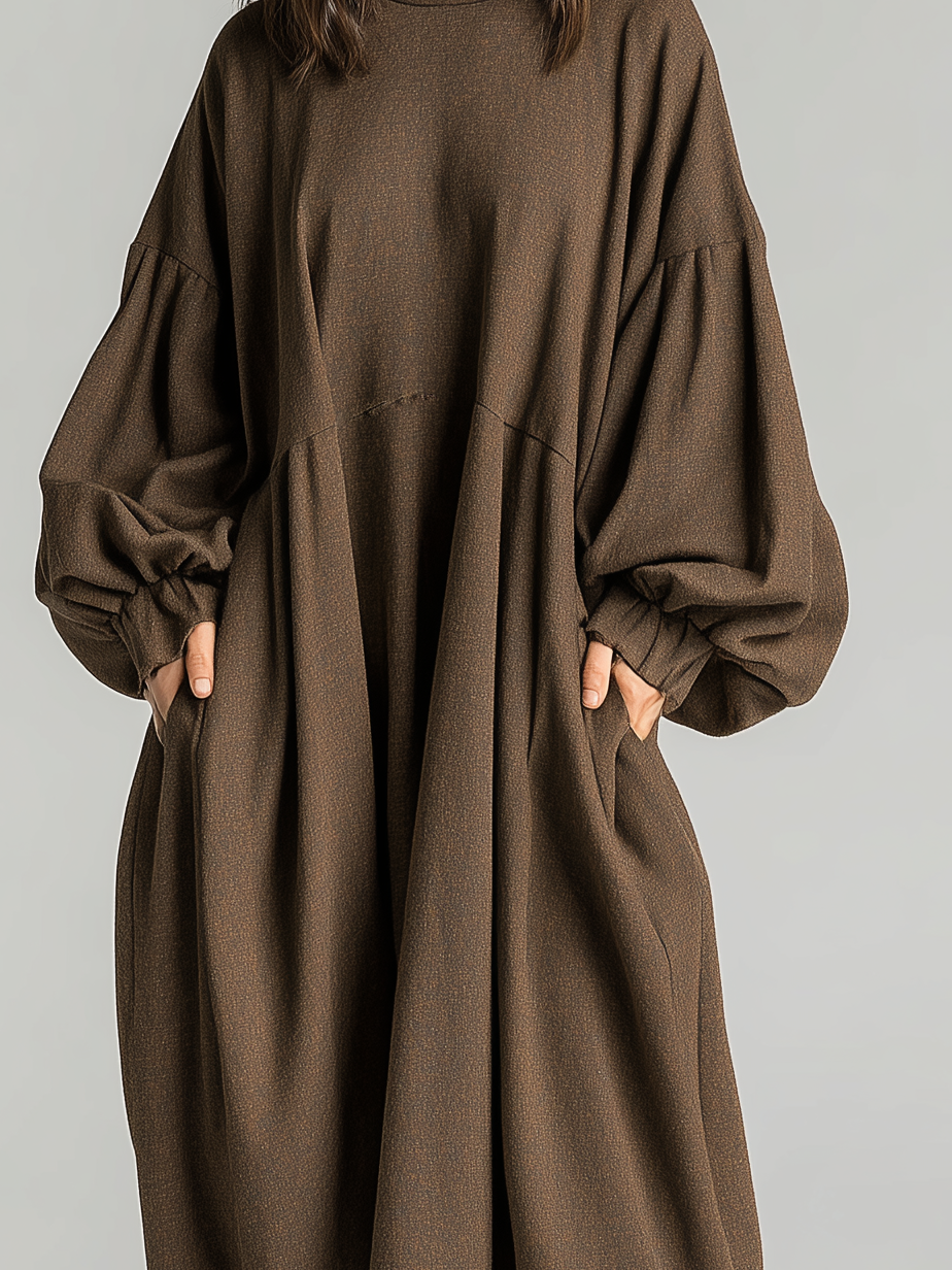 Women's Fashionable Cool Brown High-neck Cocoon-shaped Loose Woven Long-sleeved Midi Dress MDA1999L0AN