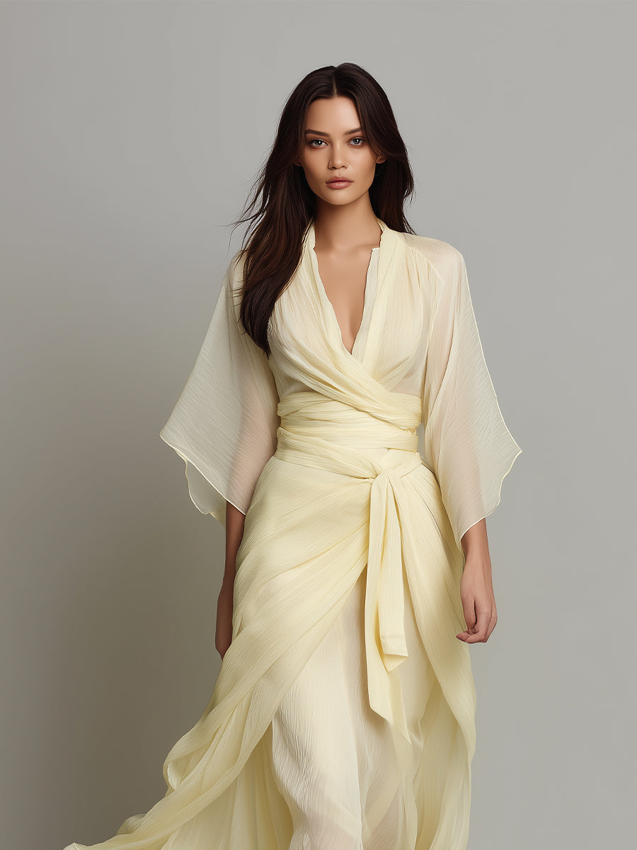 Women's Pale Yellow Sheer Chiffon Dress With Deep V-Neck & Wrap Detail, Timeless Romantic-Luxe Style Dress MDZ0699A6I