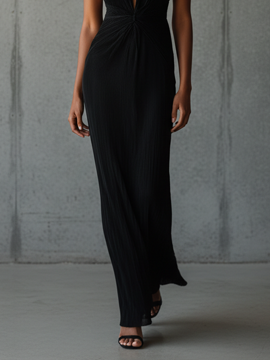 Women's Sexy Black Pleated Halter Neck Plunge Maxi Dress MDZ2792B1BA
