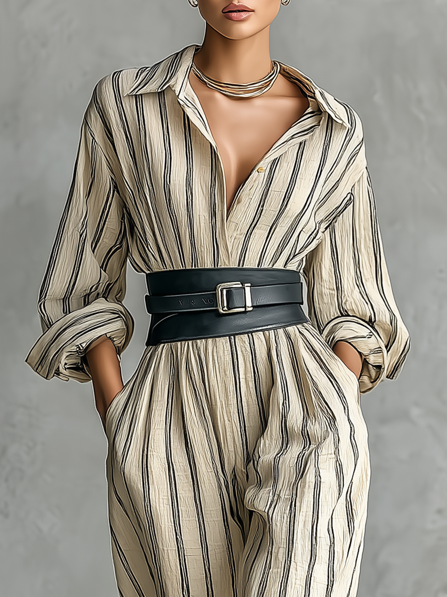 Women's Off-White Striped Cotton And Linen Blend Jumpsuit (Without Belt) MDA3092G9T