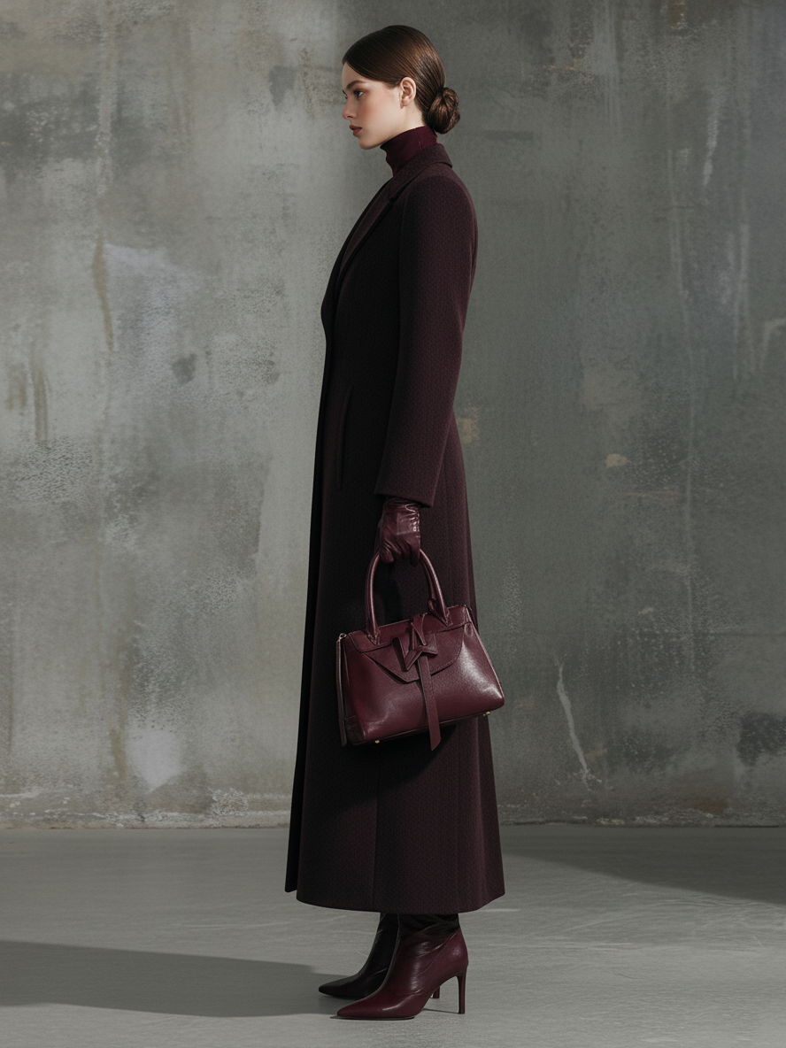 Women's Elegant Wool-Blend Burgundy Peak-Lapel Fitted Maxi Coat MDA1739L4AU