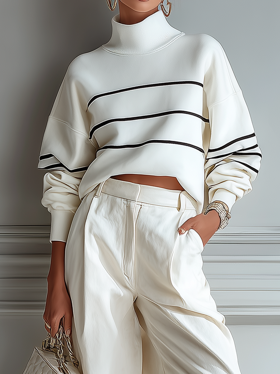 Women's White Knit Top Wide-Leg Pants Set MDA1304H1T