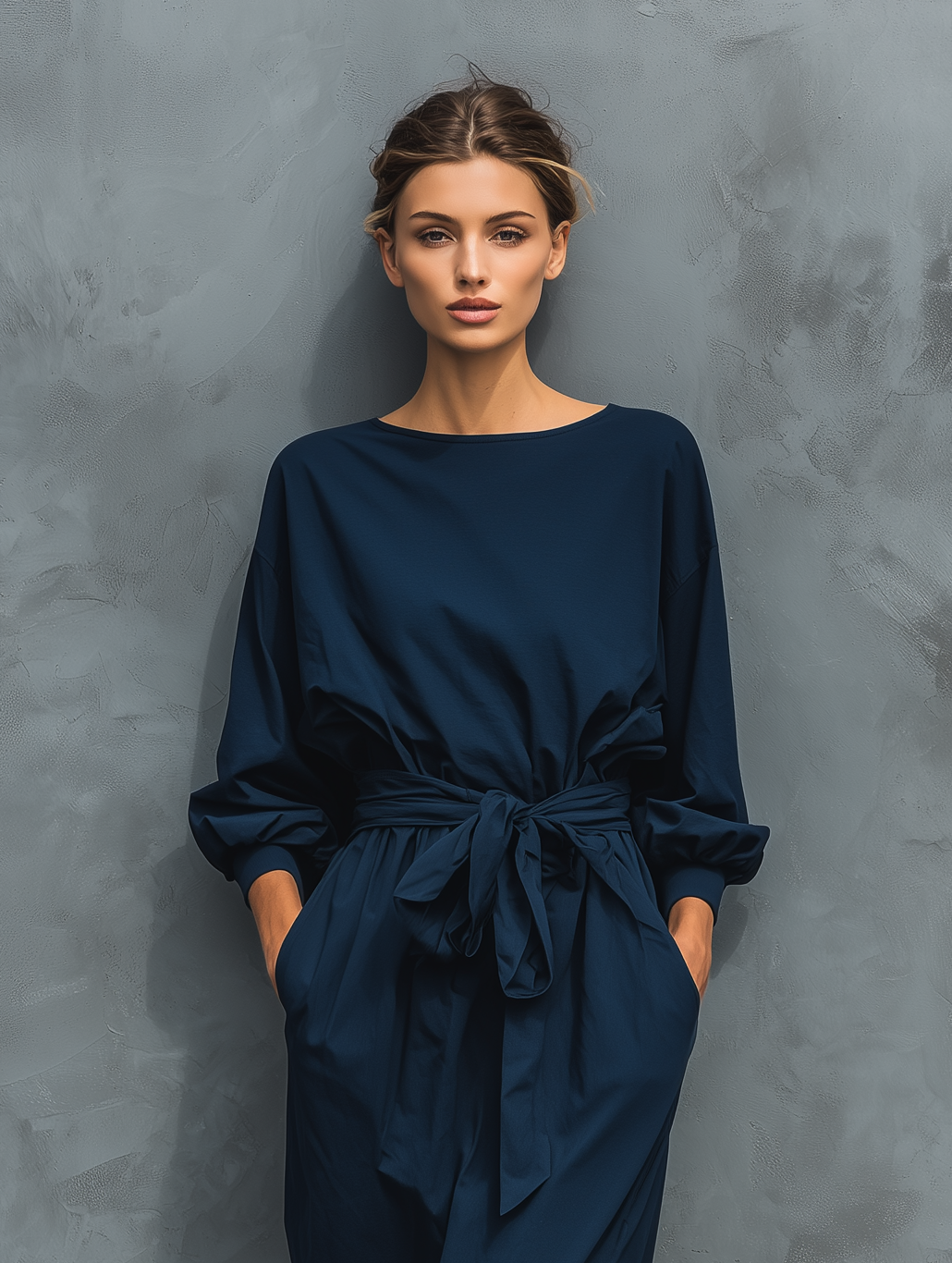 Women's Fashionable And Elegant Navy Blue Long-sleeved Round Neck Casual Midi Dress With A Tie At The Waist MDA1521K0AN