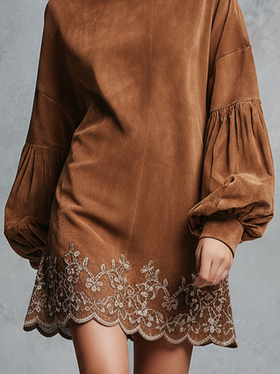 Women's Brown Faux Suede Embroidered Trim Lantern Sleeve Mini Dress MDA0349K1T