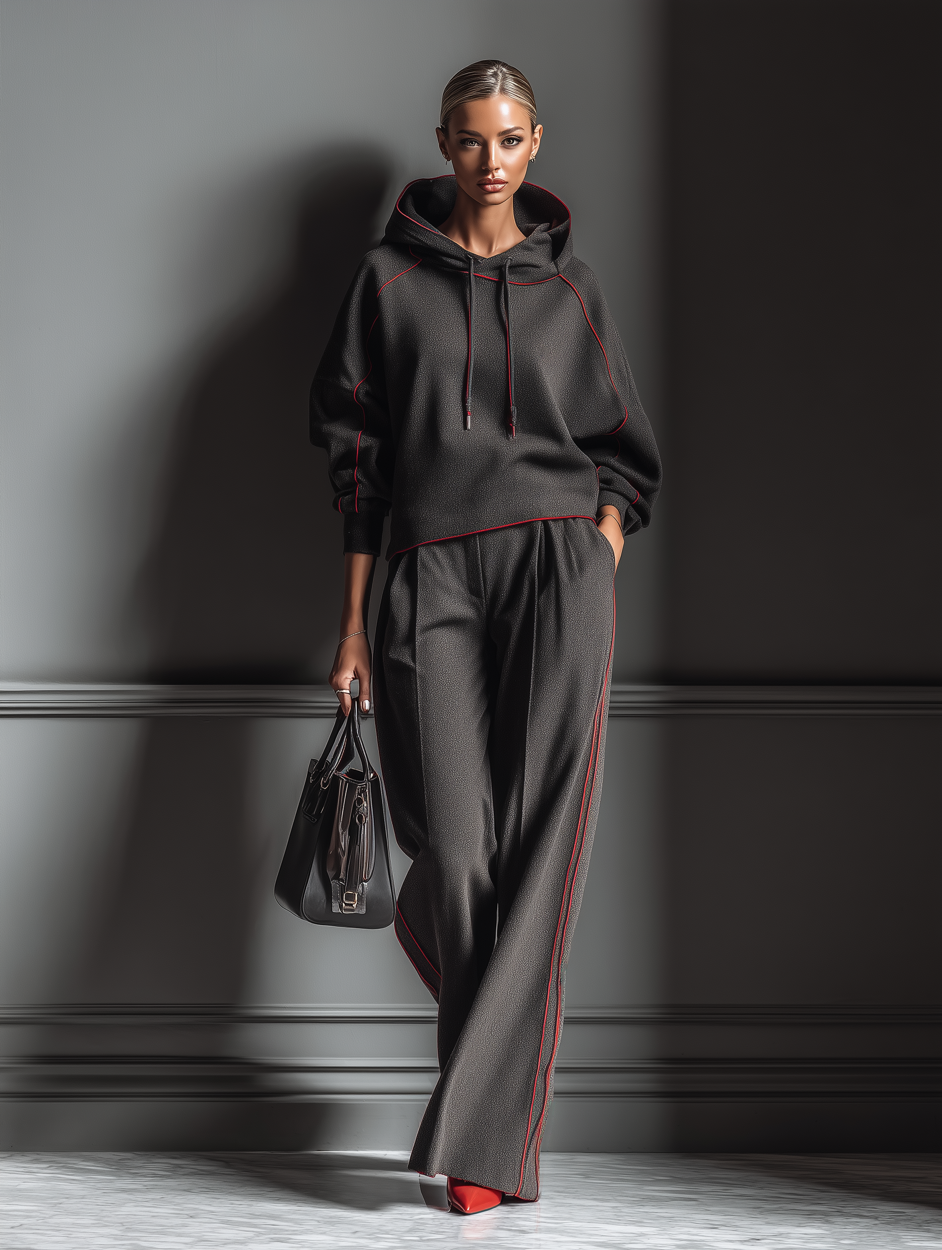 Women's Dark Gray Air Layer Red Contrasting Edge Hooded Sweatshirt And Straight Pants Set MDA1635J7T