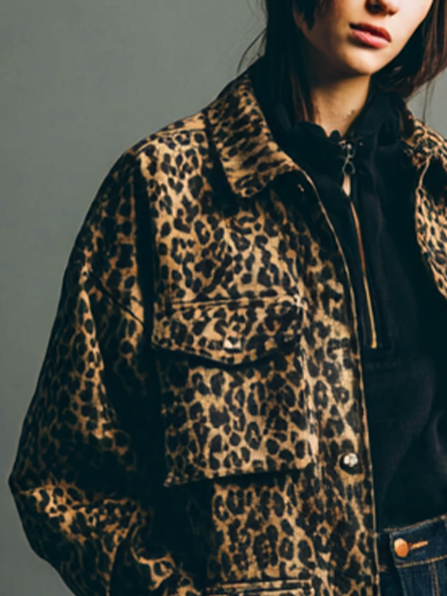 Women's Brown Leopard Print Cotton Blend Multi-Pocket Loose-Fitting Jacket MDA1472K5T