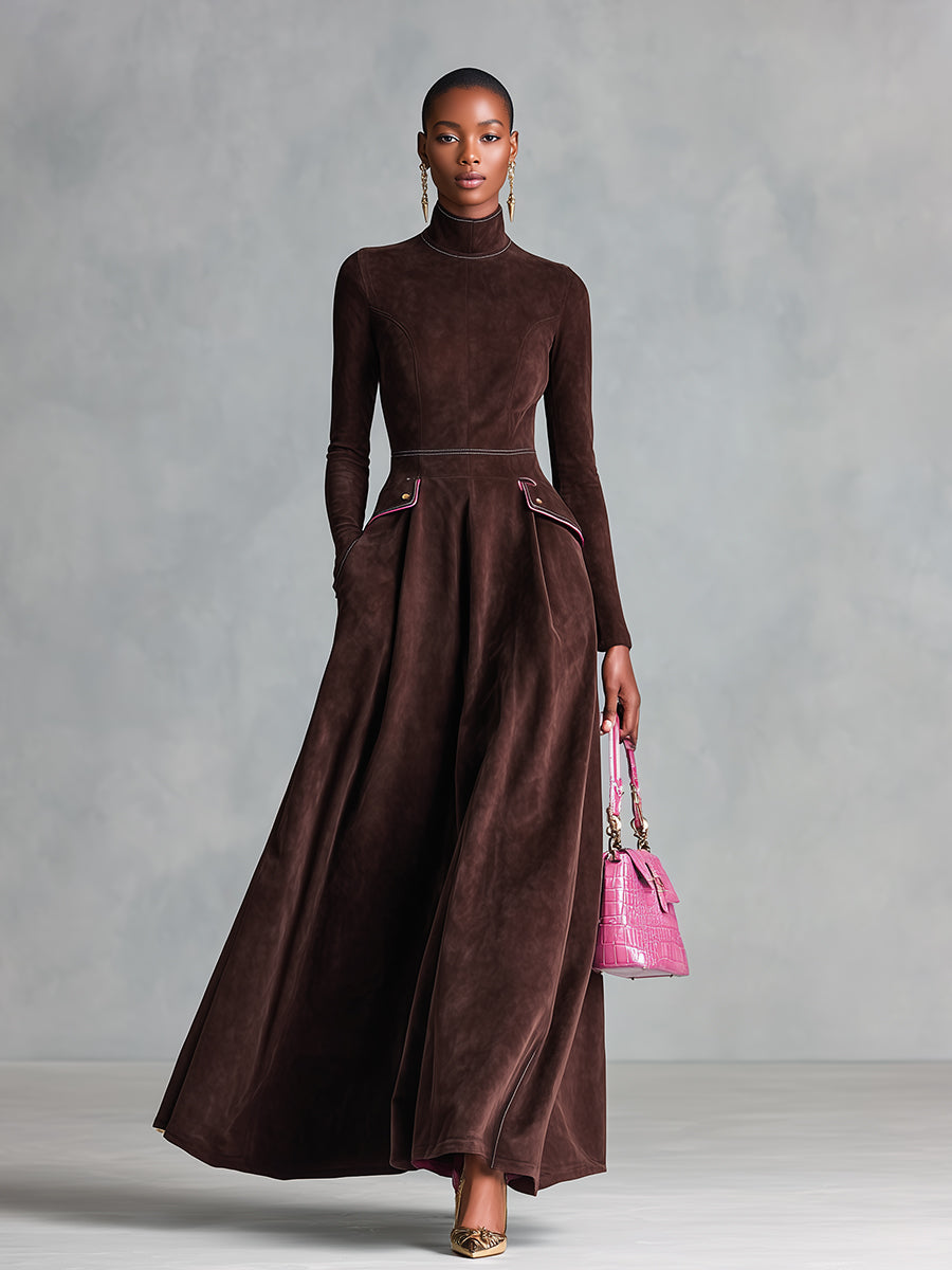 Women's Brown Elegant Suede High - Neck Pleated Maxi Dress MDA2056J4I