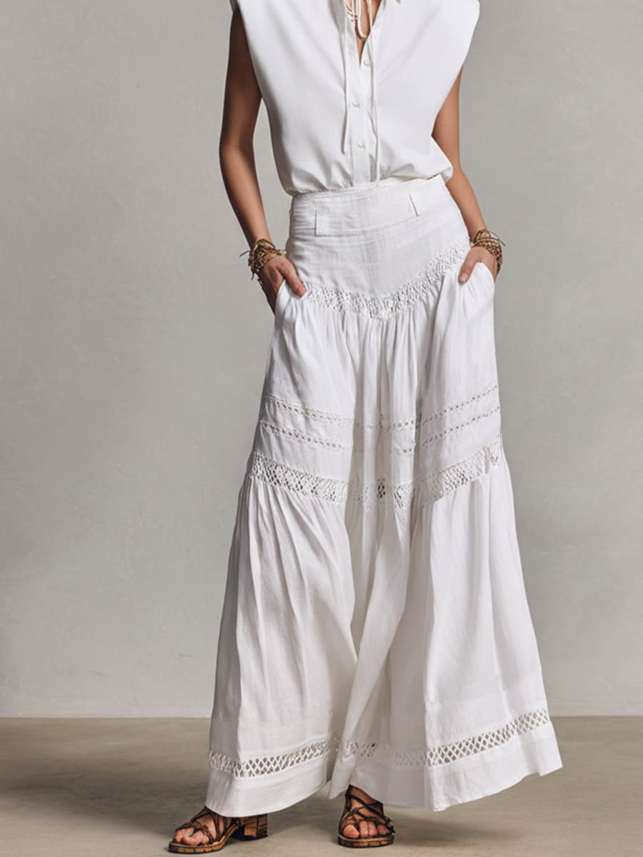 Women's White Cotton Set With Sleeveless Tie-Neck Blouse & Lace-Trim Maxi Skirt, Timeless Boho-Chic Style Set MDZ0307C8I