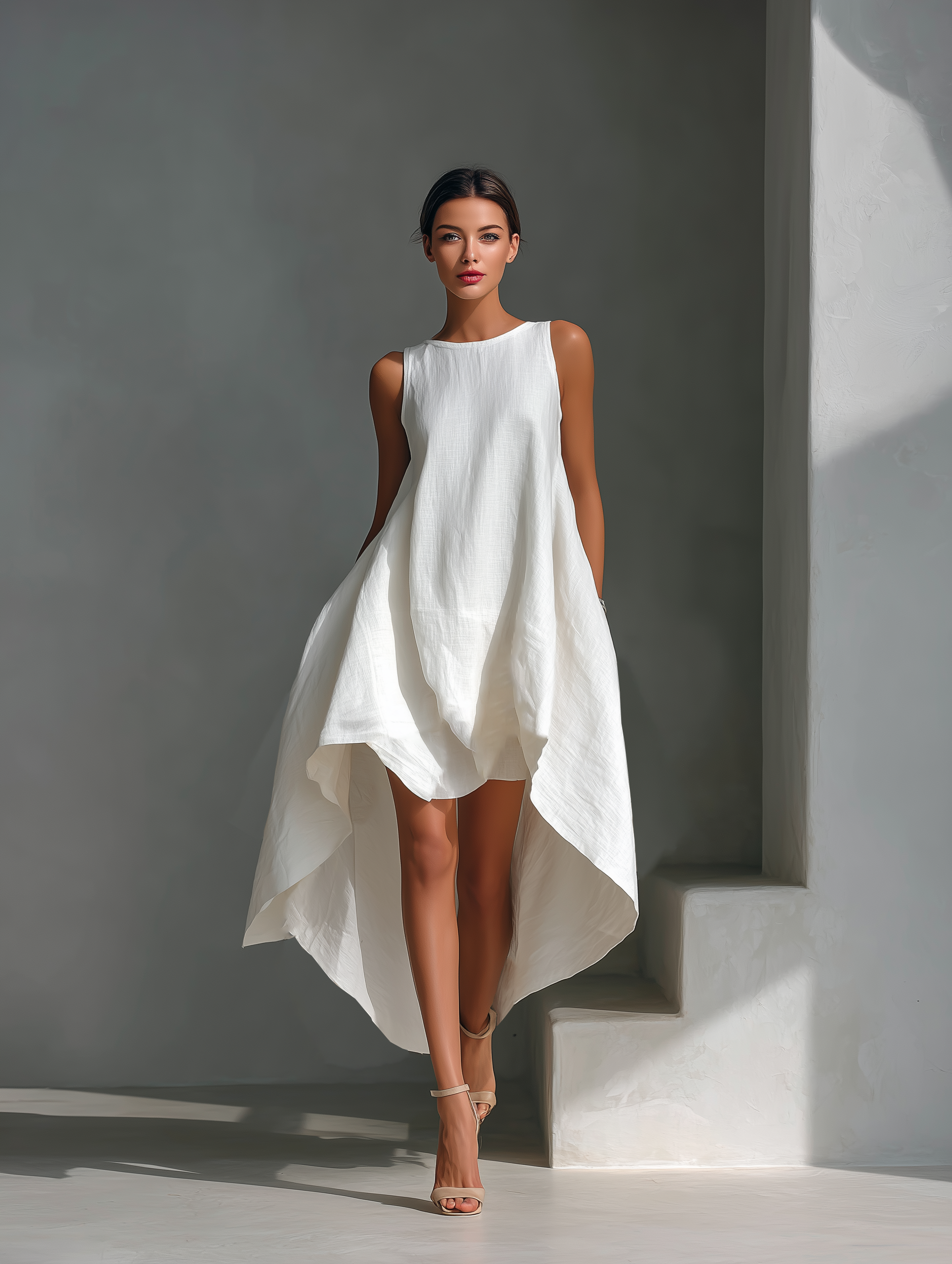 Women's White Linen Fabric Sleeveless Midi Dress With Round Neck & Asy –  Modesees