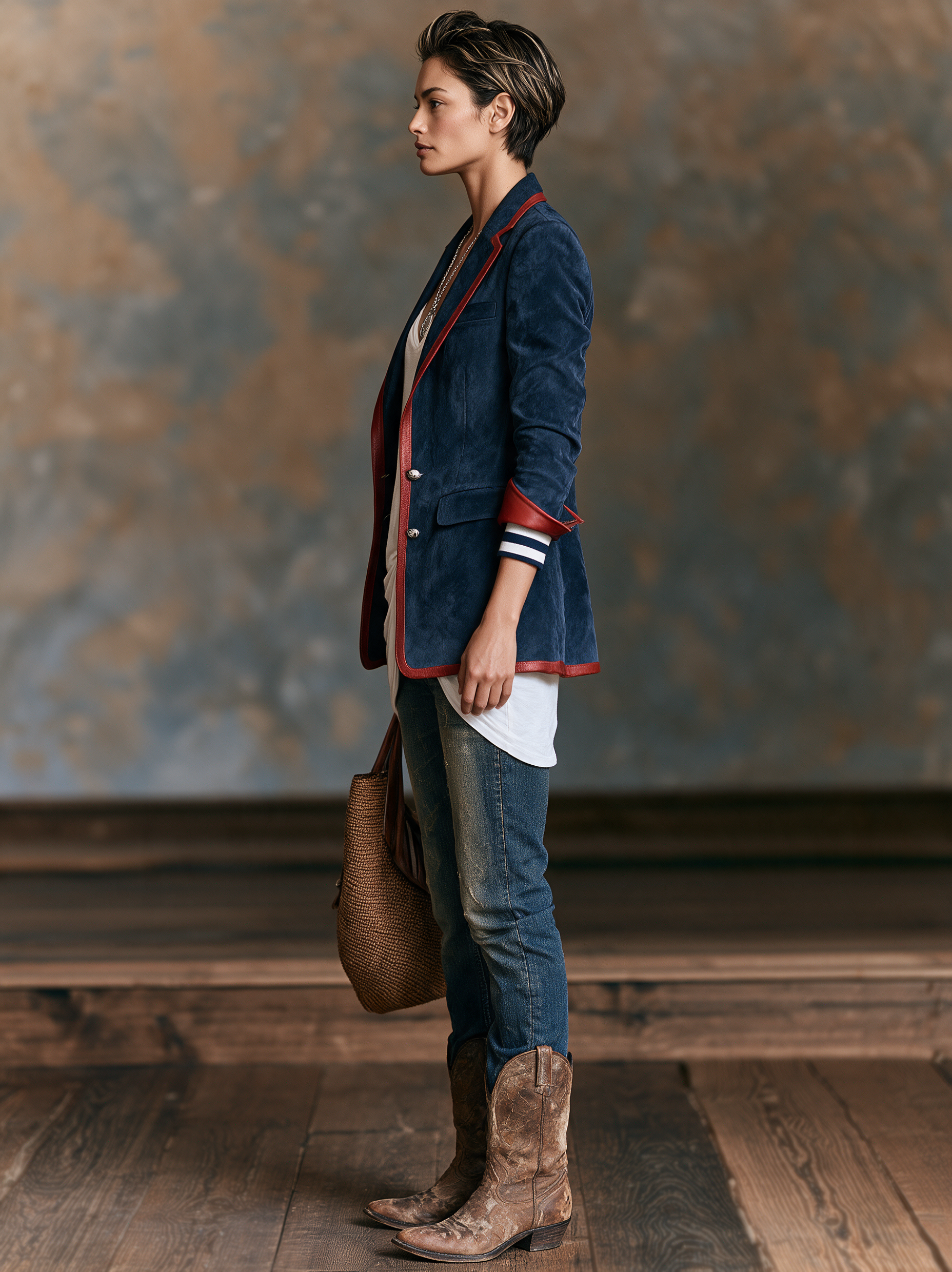 Women's Vintage-style Faux Suede Blazer With Red Leather Trim MDZ2570H7WY