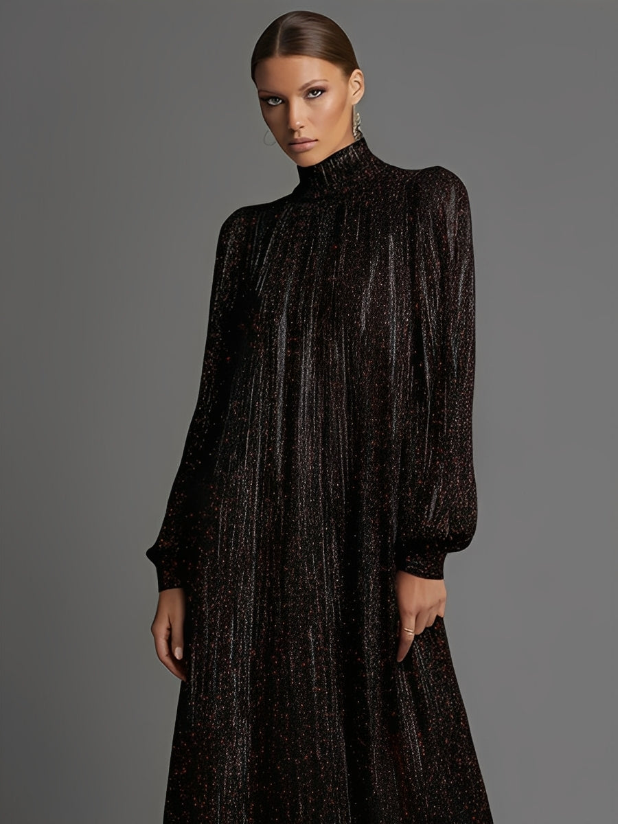 Women's Black Glittery Knit Elegant Maxi Dress With High Neck & Puff Sleeves, Glamorous Evening Dress MDA2791J6I