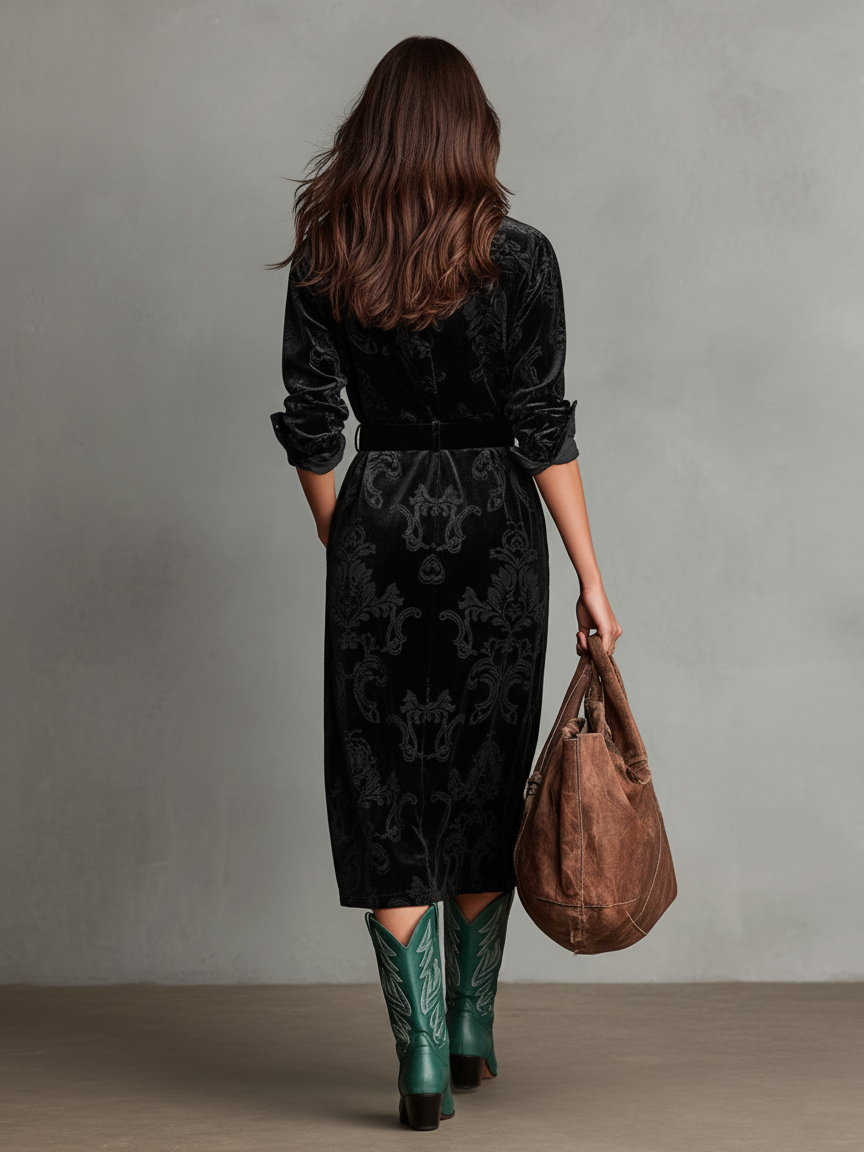 Women's Velvet Jacquard Long Sleeve Belted Shirt Midi Dress MDA2983I1Y