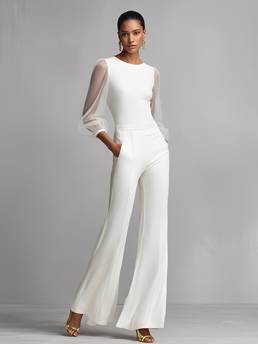 Women's White Cotton Blend Elastic Mesh Jumpsuit MDA2951K7I