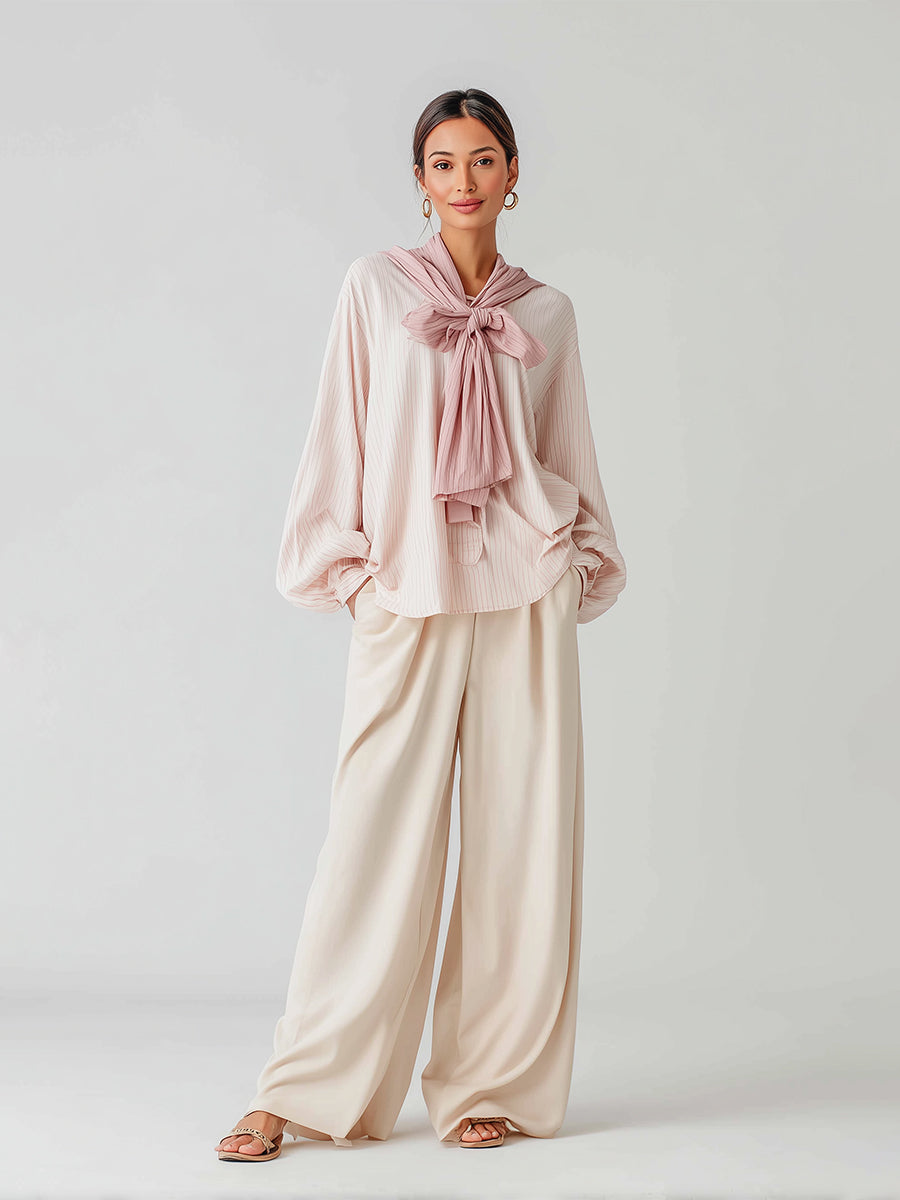 Women's Pink & Beige Textured Woven Co-Ord Set With Balloon-Sleeve Top & Flowy Pants, Minimalist Chic Style Set MDA0386K4I