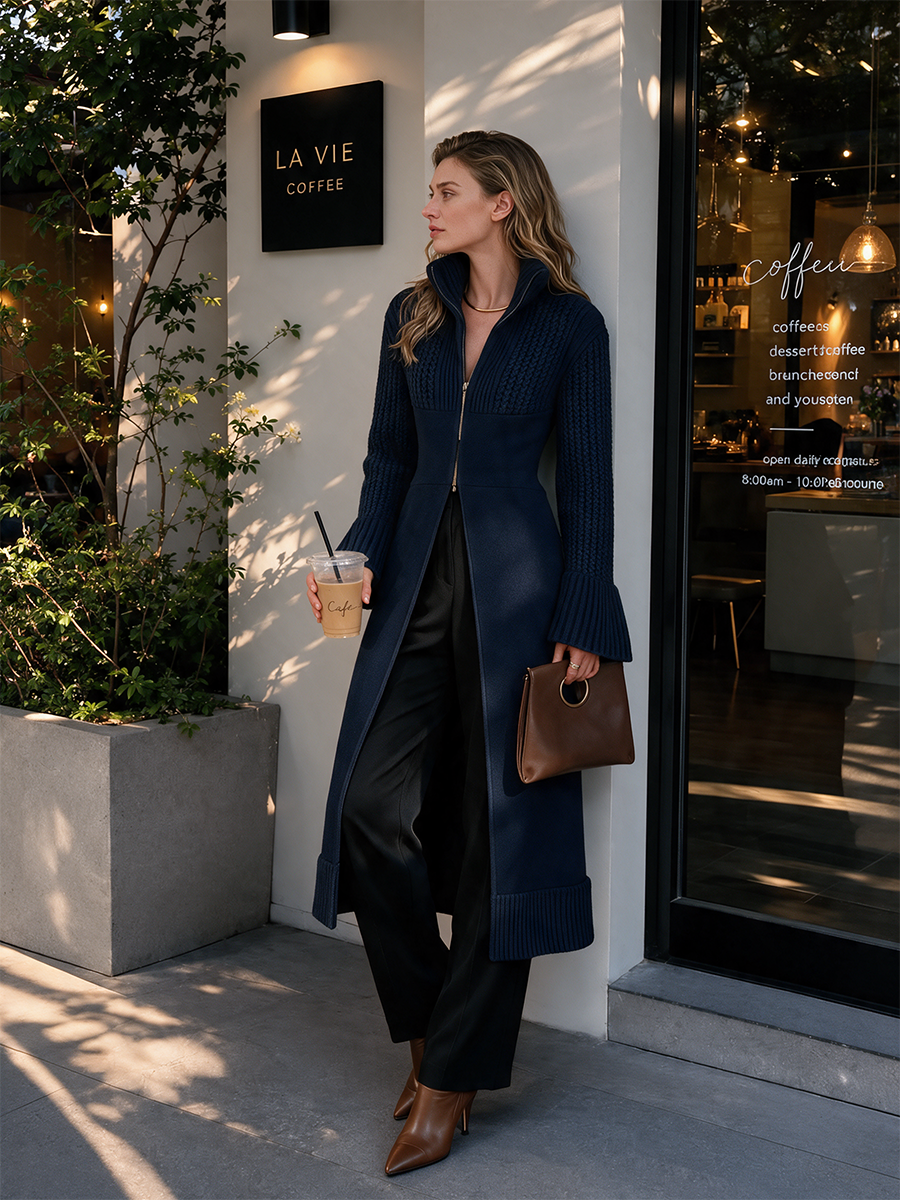 Women's Stand-Collar Zip Cinched-Waist Bell-Sleeve Cable Wool-Knit Longline Cardigan