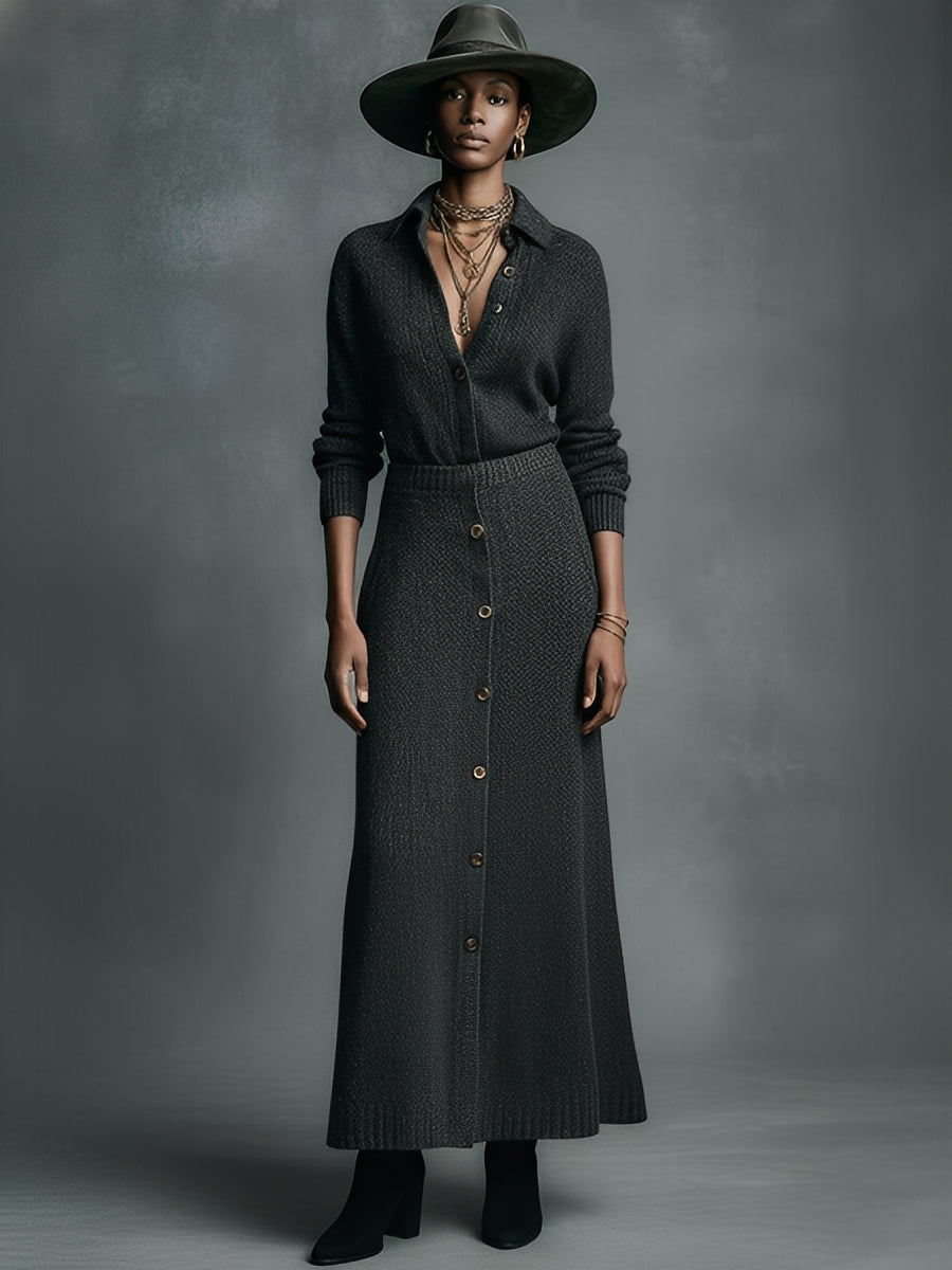 Women's Black Knitted Elegant Set With Polo-Collar Cardigan & Button-Front Maxi Skirt, Vintage Luxe Style Set MDA2979J8I