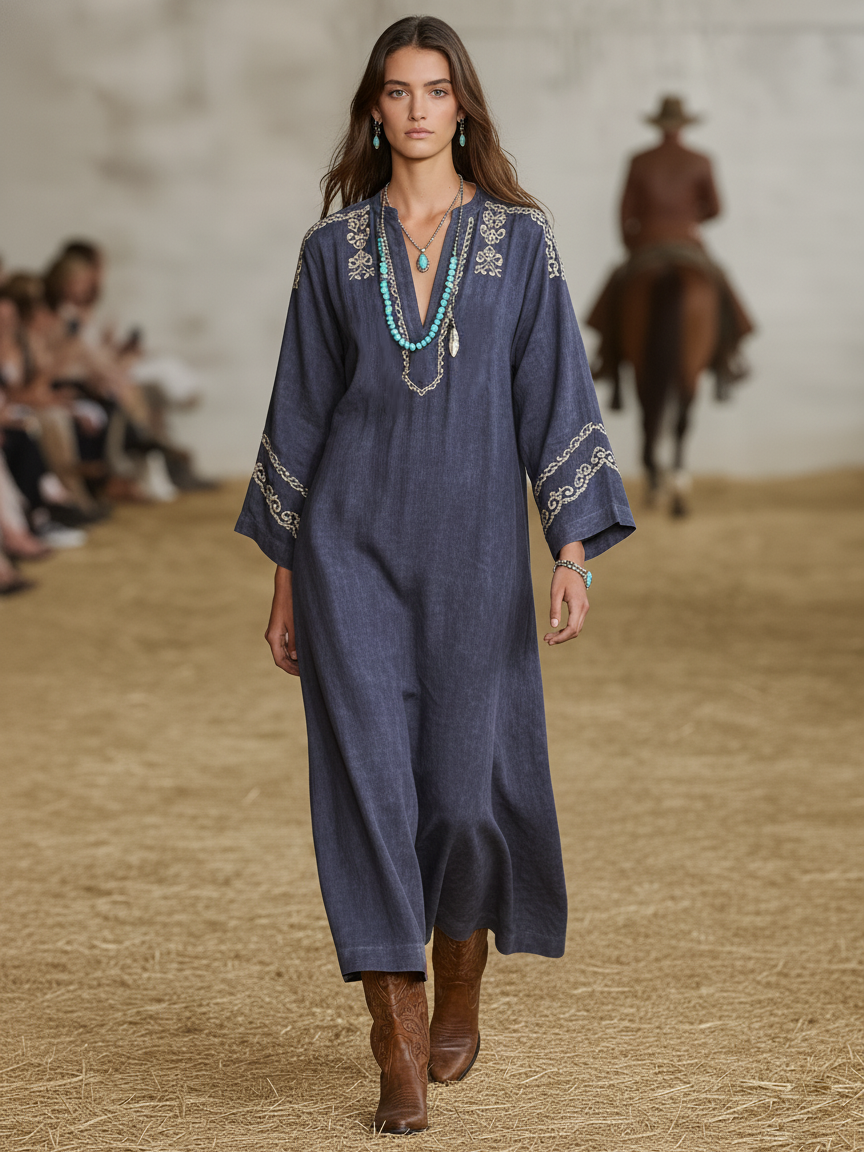 Women's Loose-fitting Straight-cut Faux Suede V-neck Embroidered Maxi Dress MDA0503K4Y