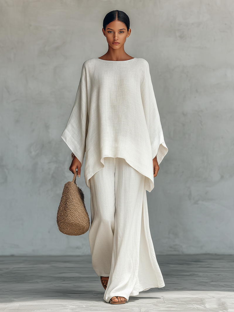 Women's Minimalist Loose Linen Blend Blouse And Wide-leg Pants Set MDA1902L3Y