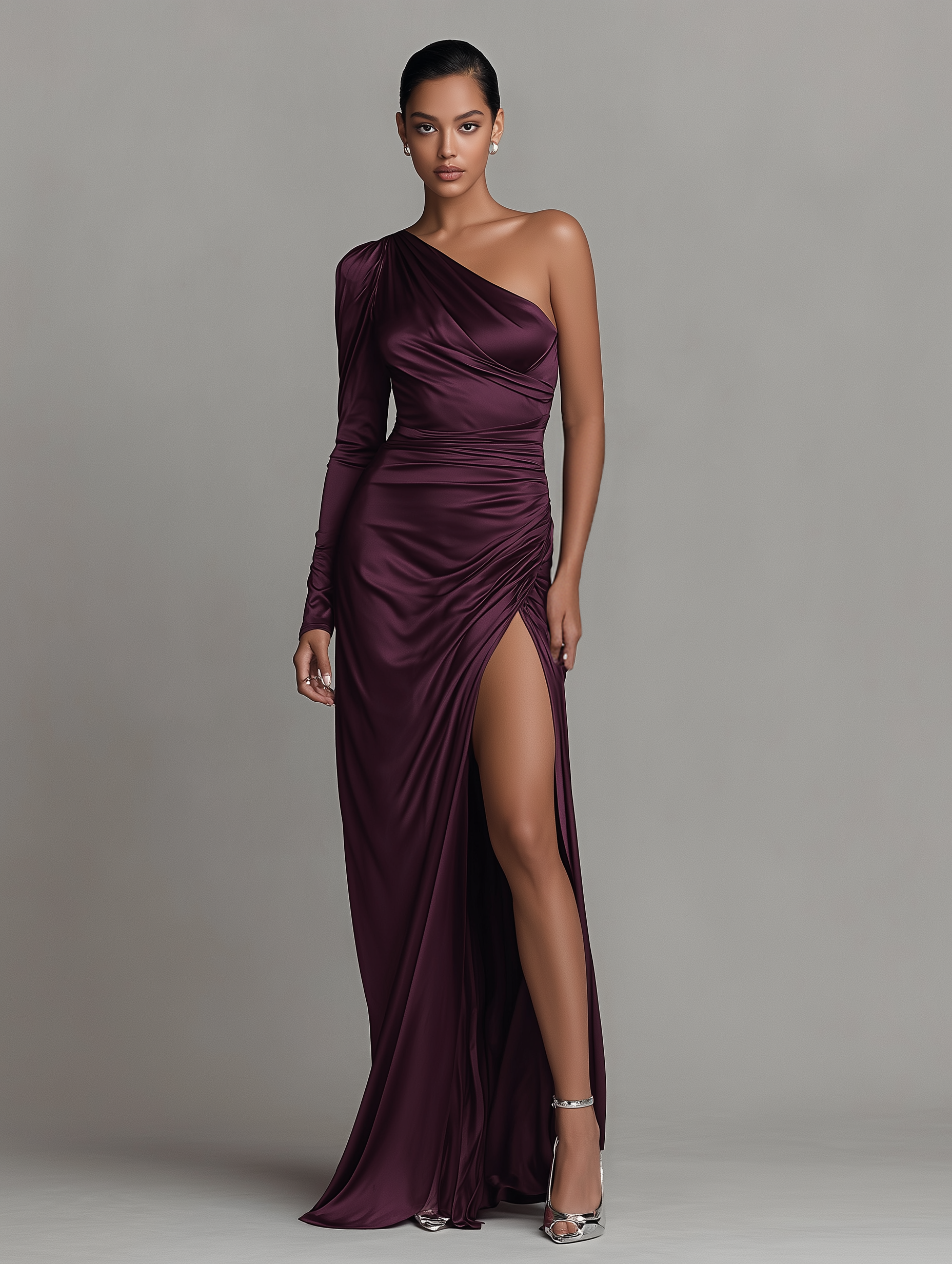 Women's Minimalist Satin Pleated One-shoulder Long-sleeved Maxi Dress MDA3013K2Y