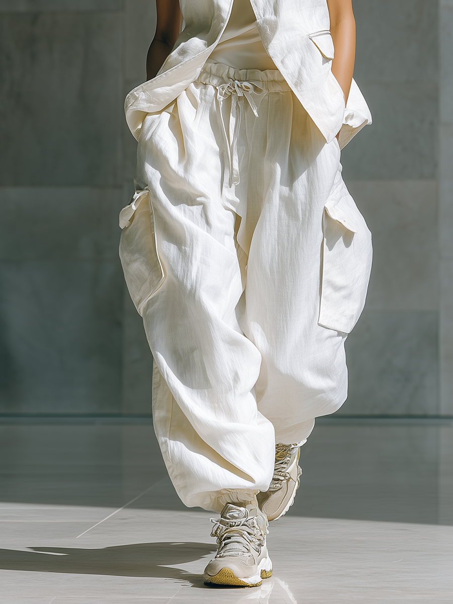 Women's Ivory Linen Fabric Sleeveless Vest & Cargo-Pocket Drawstring Pants Set MDA1917L3T